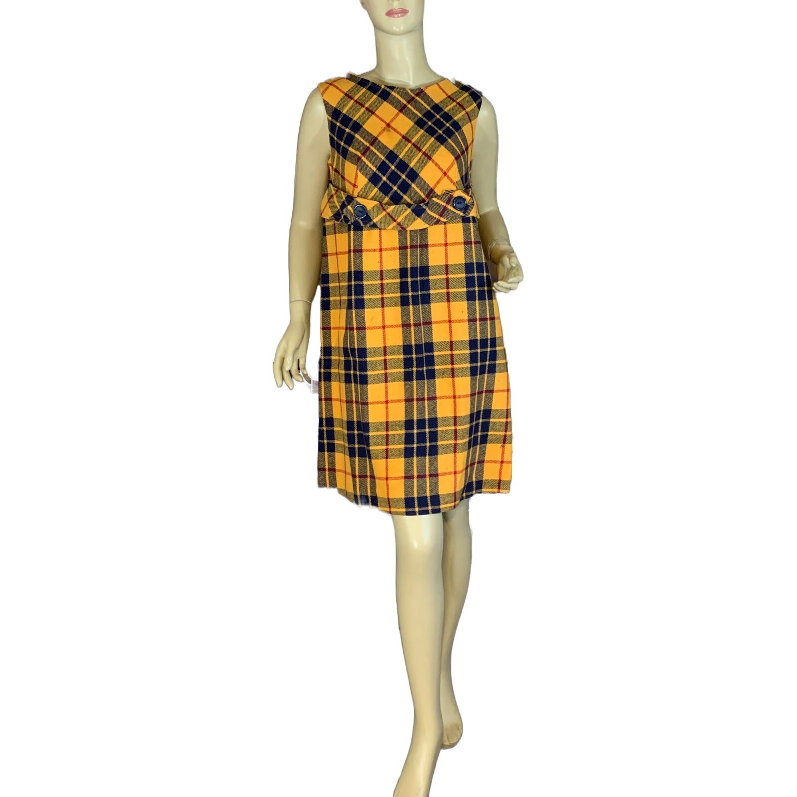 WOMEN’S VINTAGE CIRCA 1960’S YELLOW & BLUE PLAID M.H. FINE CO SHIFT DRESS SZ 12