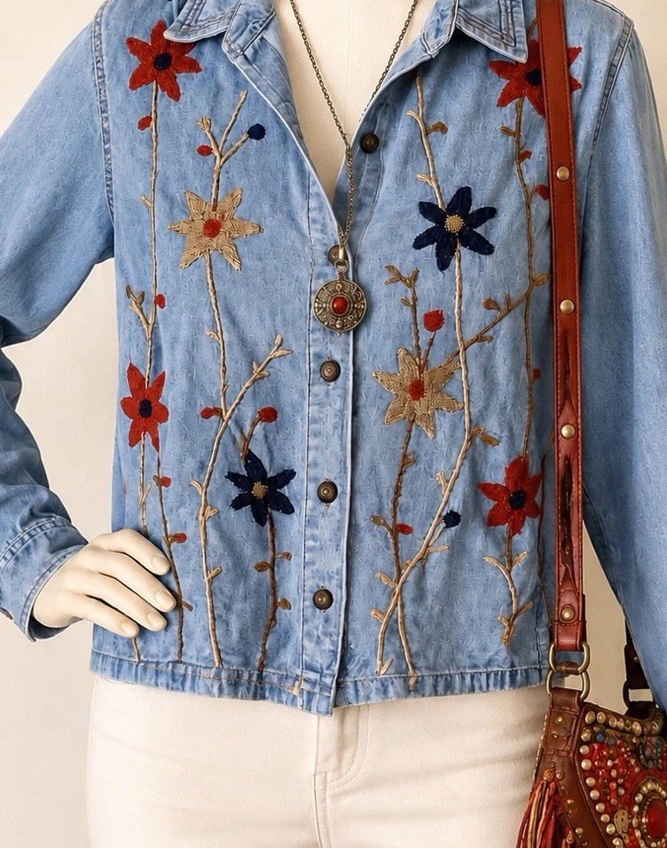 Tantrums Petite XL Embroidered Floral Chambray Denim Shirt Jacket Boho Cotton