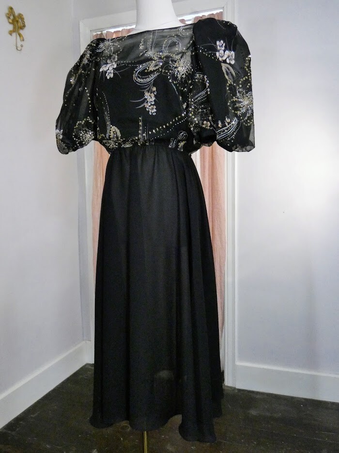 80s Vintage CONNECTIONS Black Puff Sleeve Silver Gold Glitter Dress ILGWU Small