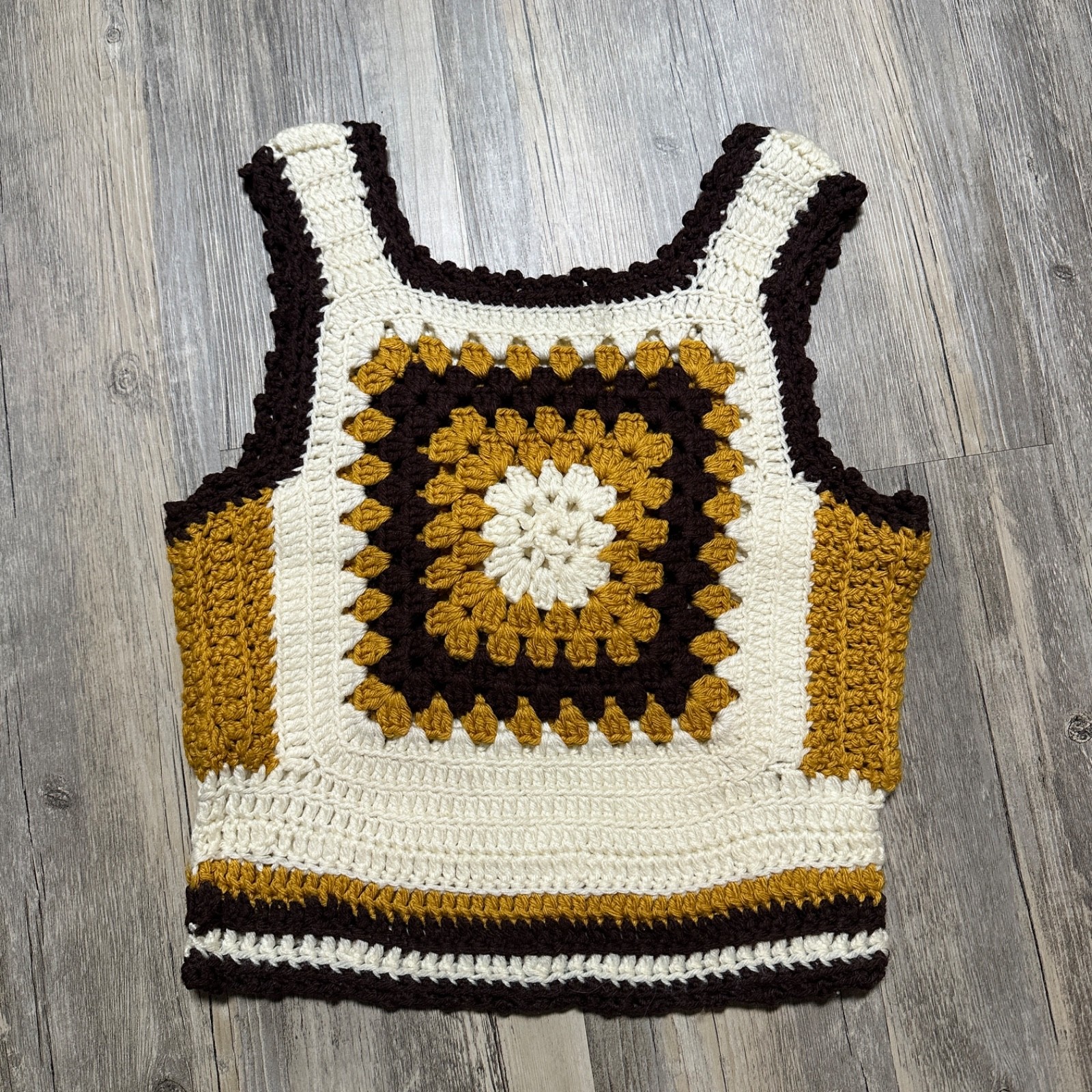 Vtg 1970s Handmade Crochet Vest Tank Cropped Yellow Brown Cream Granny Square