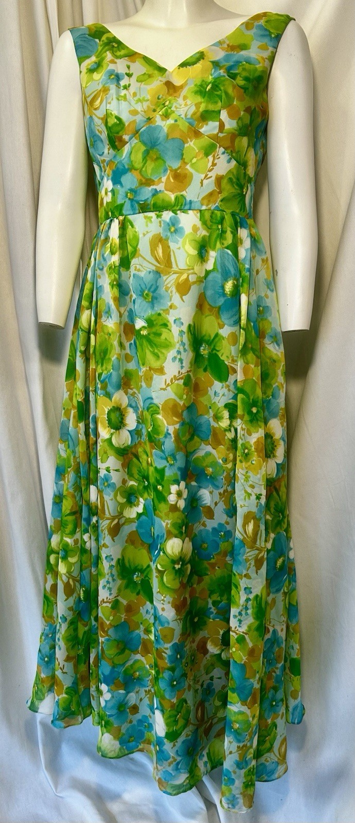 Vtg 60s 70s Goddess Hostess Fairy Floral Watercolor Gauzy Chiffon Maxi Dress