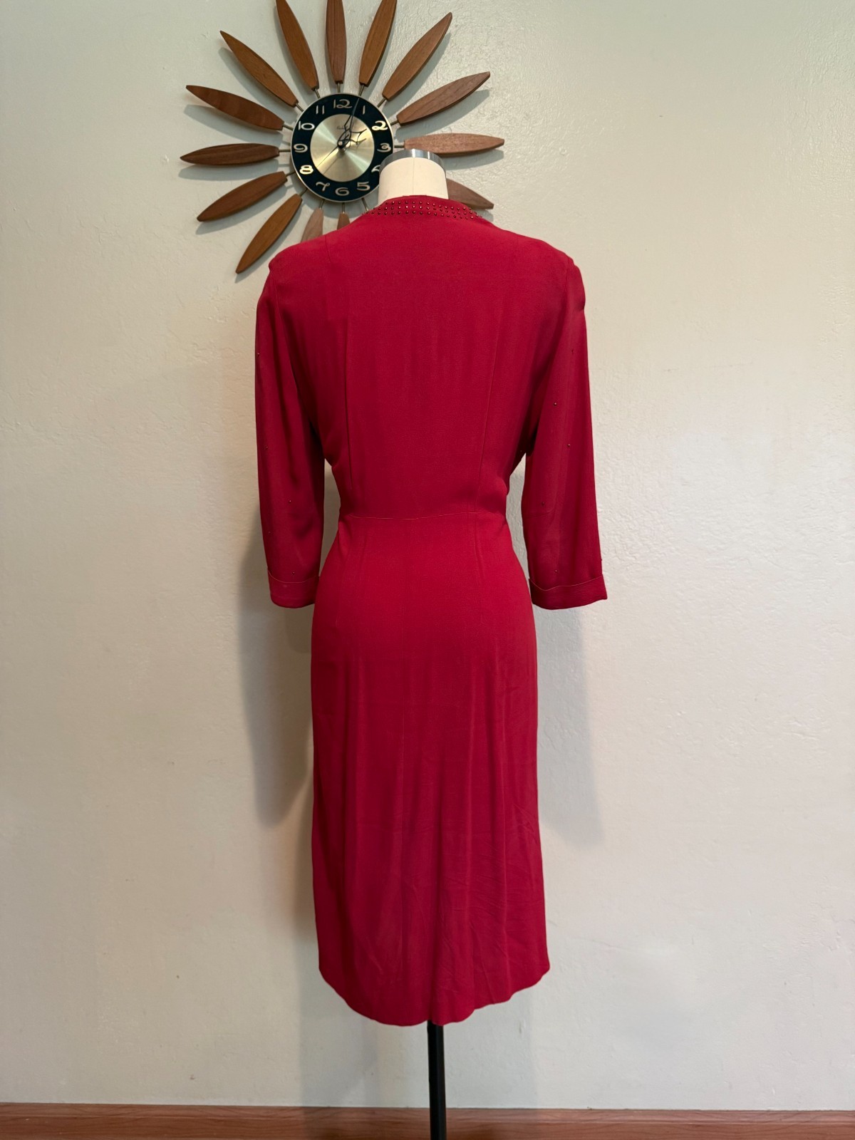 1940s Red Rayon Crepe Shirtwaist Dress with Studs Volup
