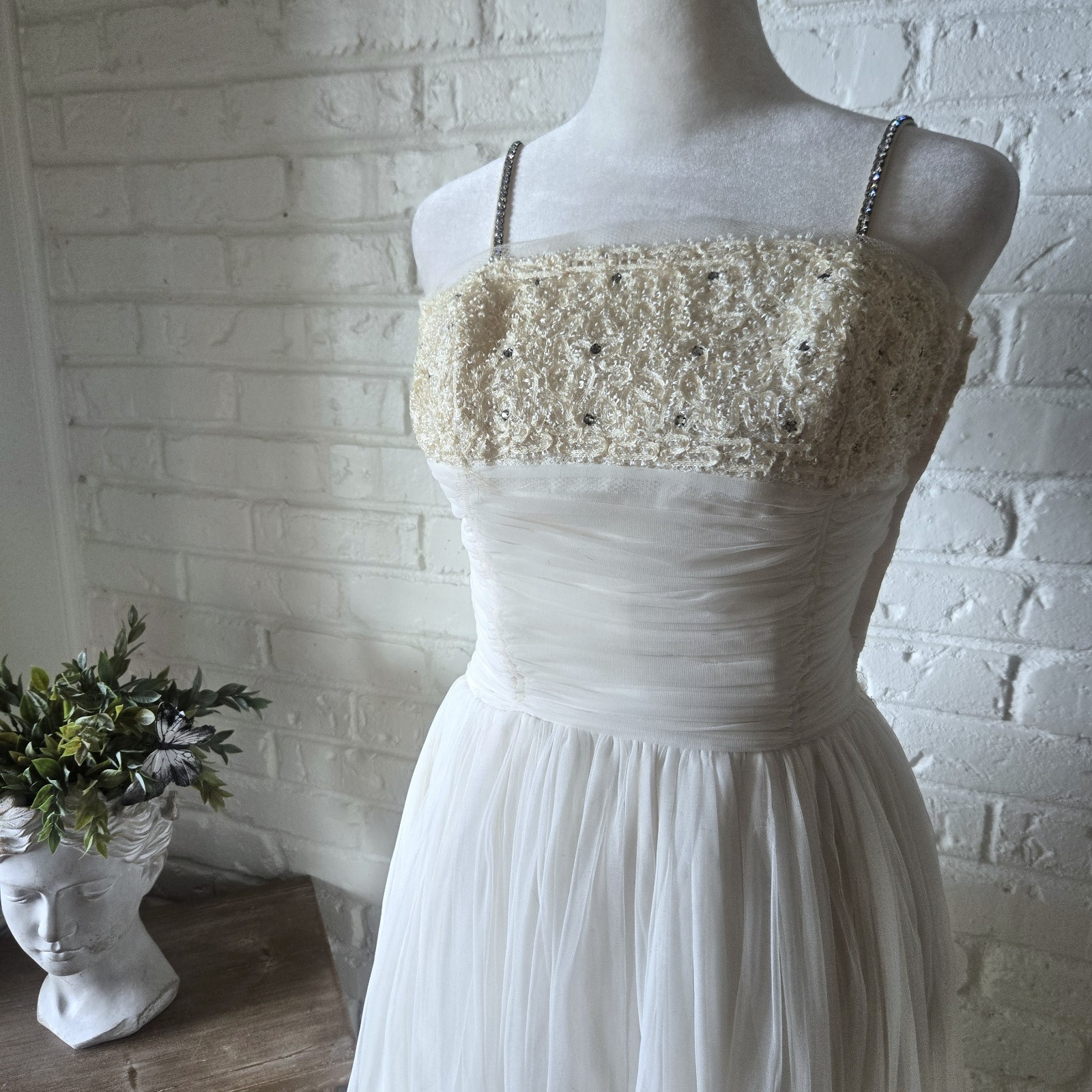 Vtg 1950s 60s Rhinestone Ruched Party Dress, Wedding, Bridal