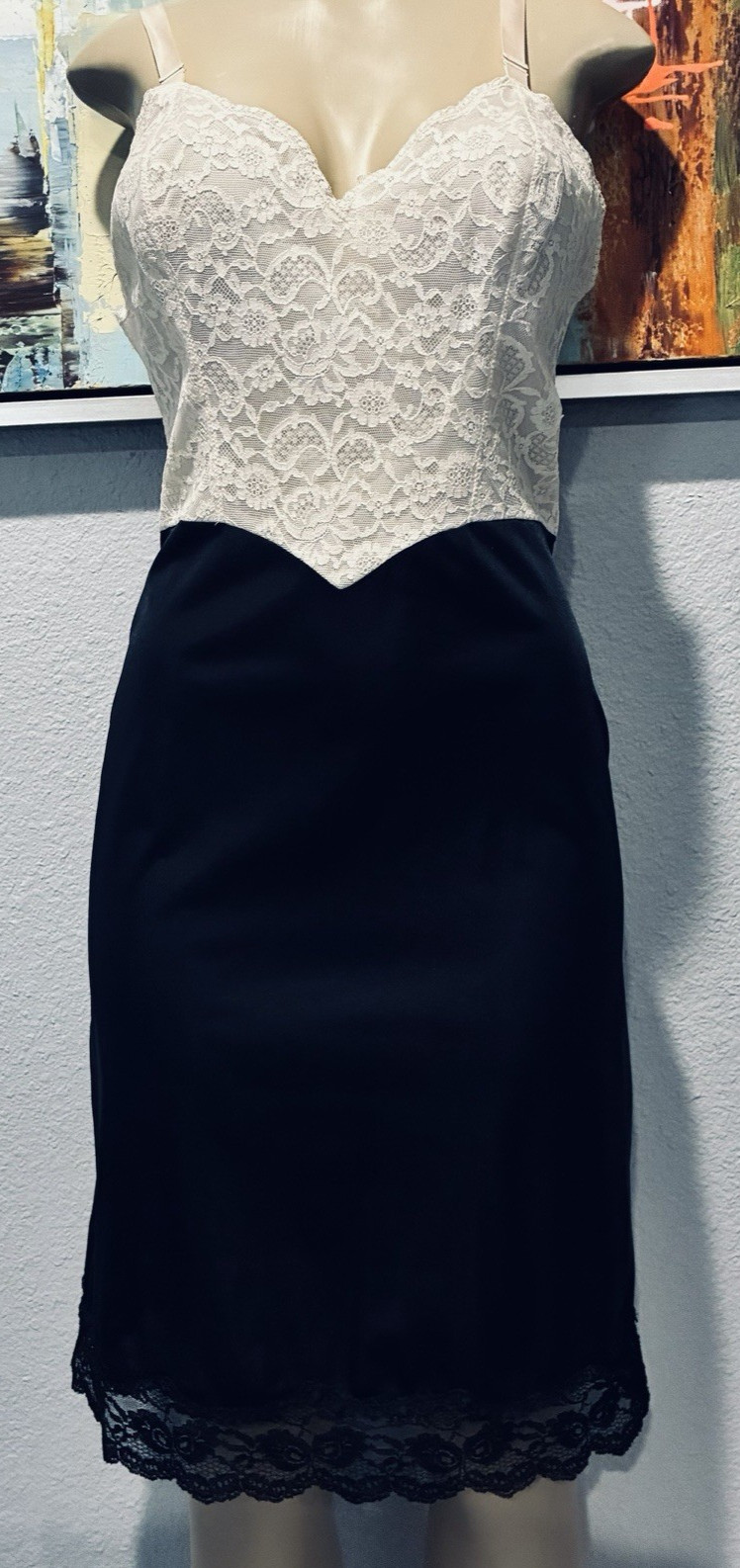Vtg Vanity Fair Tuxedo Ivory Lace Black Dress Nylon Slip 34 S