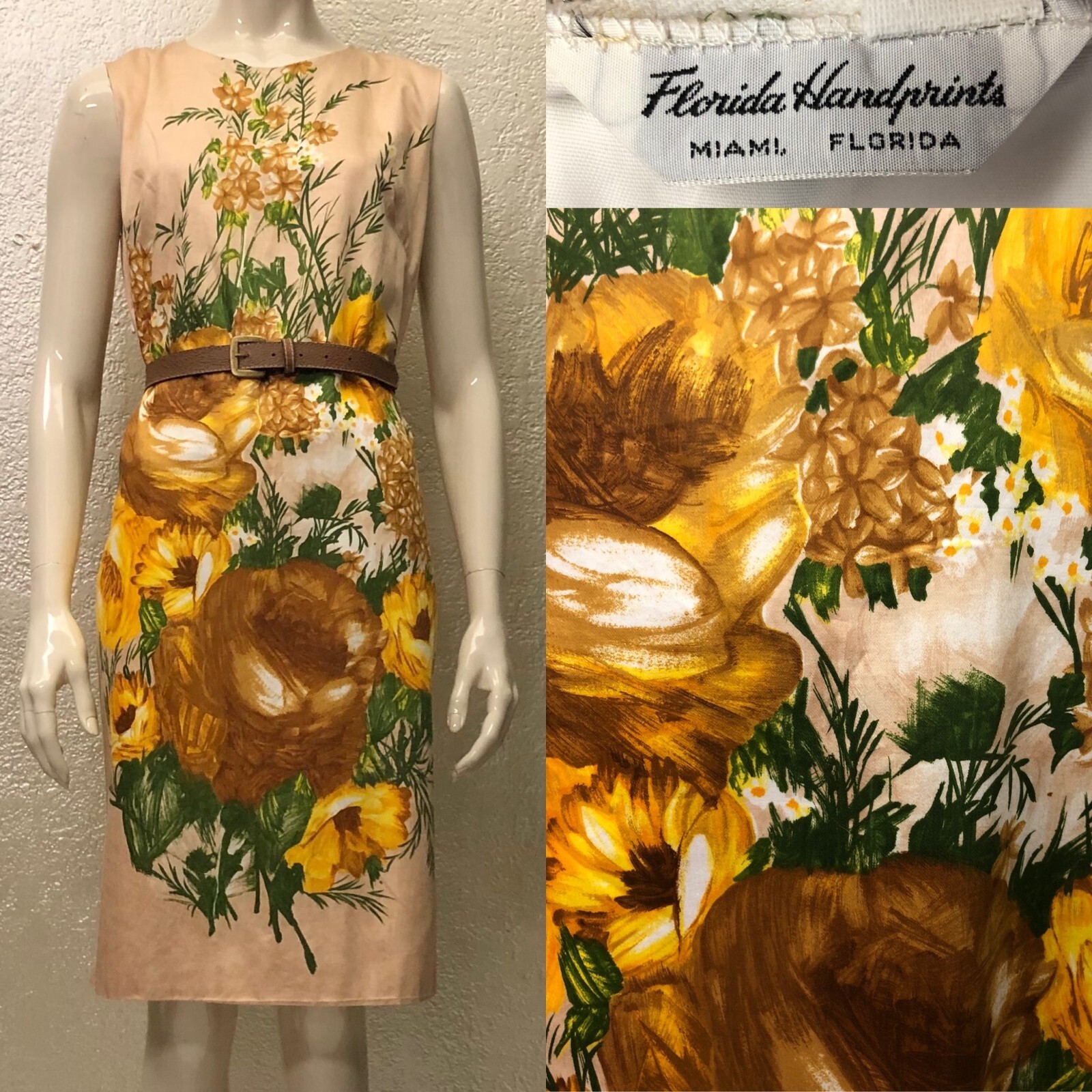 Vintage 1970’s Ladies FLORIDA HANDPRINTS Brown Floral Shift Dress Sleeveless
