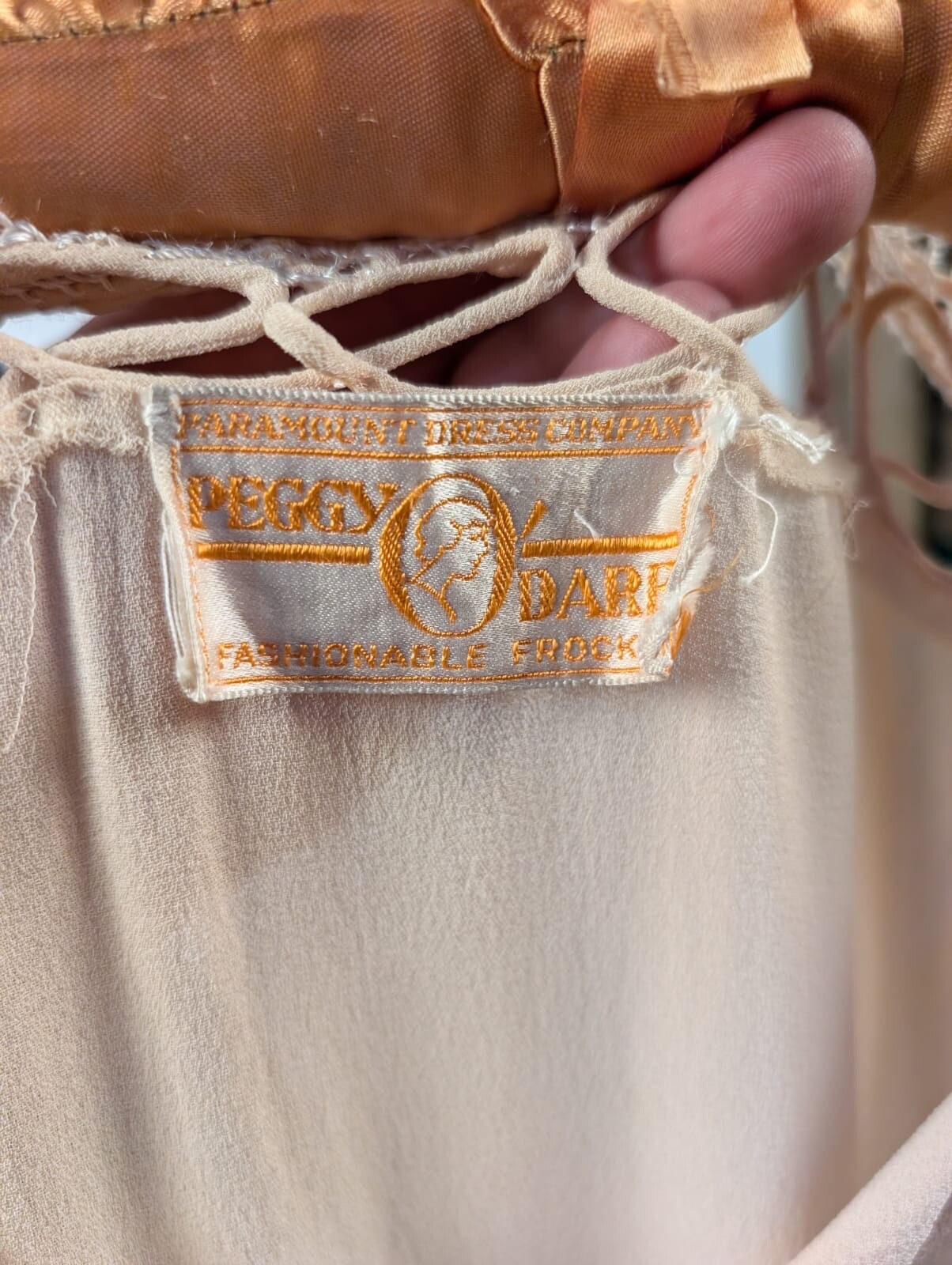 PEGGY DARE – PARAMOUNT DRESS CO LATE 1920’S CHIFFON DRESS W HAND MADE LACE TOP