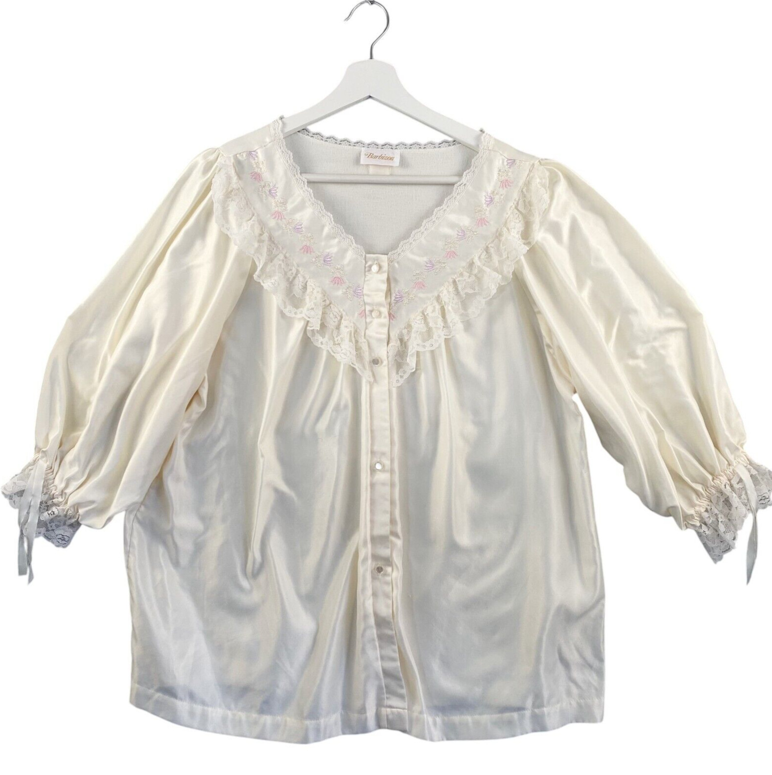 Barbizon Womens Medium Cuddleskin Vintage Pajama Top Ivory Satin Embroidered