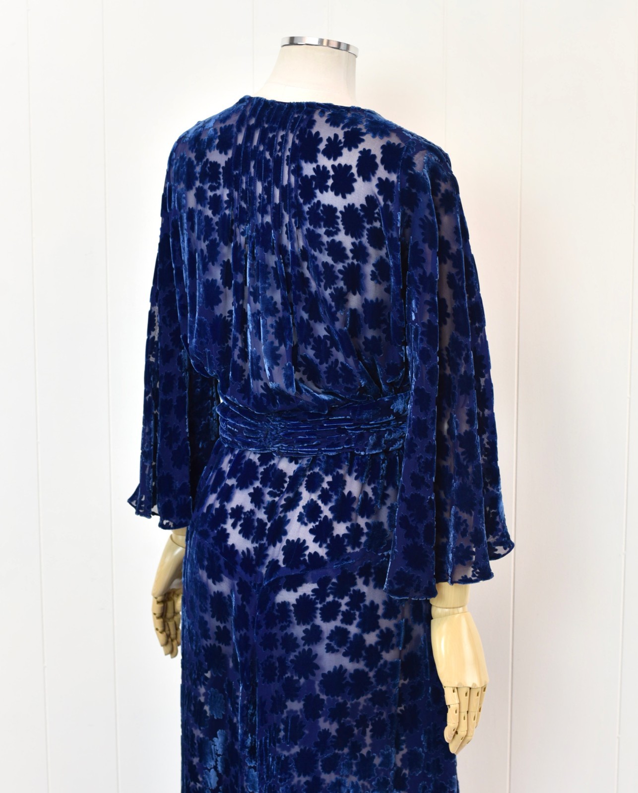 Antique 1930s Blue Devore Burnout Velvet Floral Art Deco Sheer Dress Larger Size