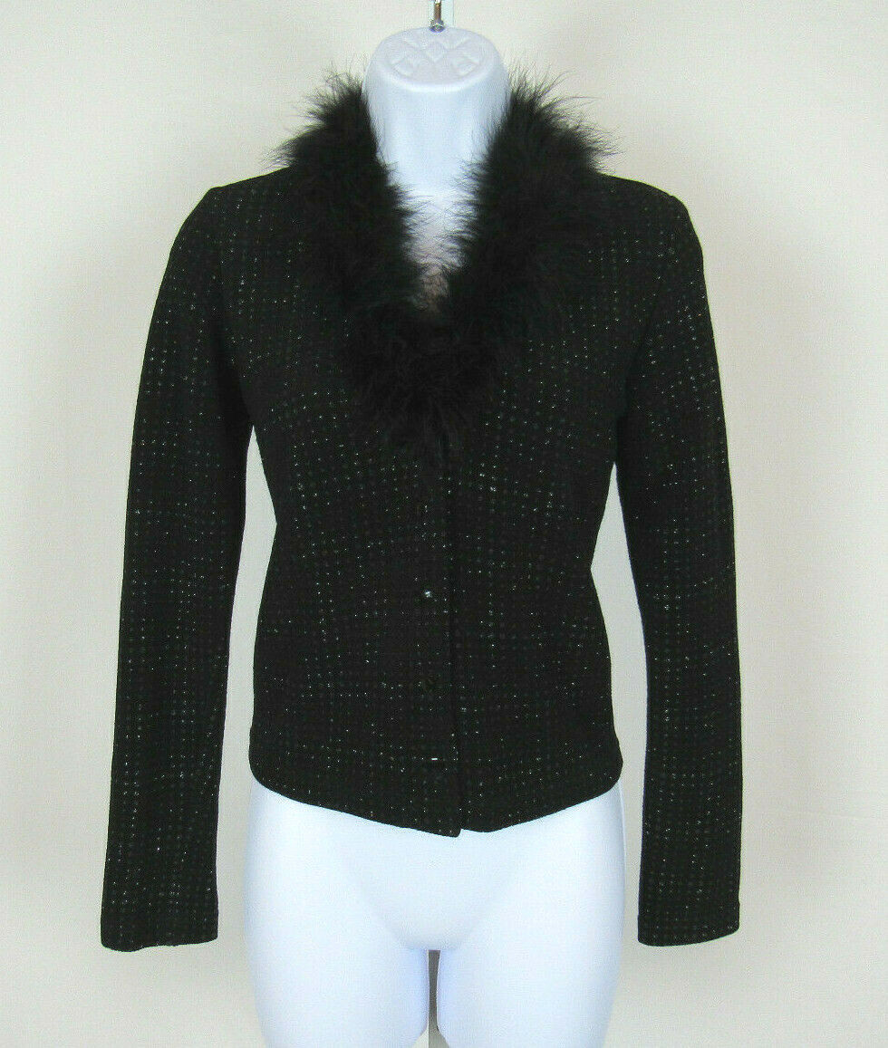 VTG NIGHT WAY PETITE XS BLACK CARDIGAN STYLE SWEATER SPARKLES FAUX FEATHER TRIM