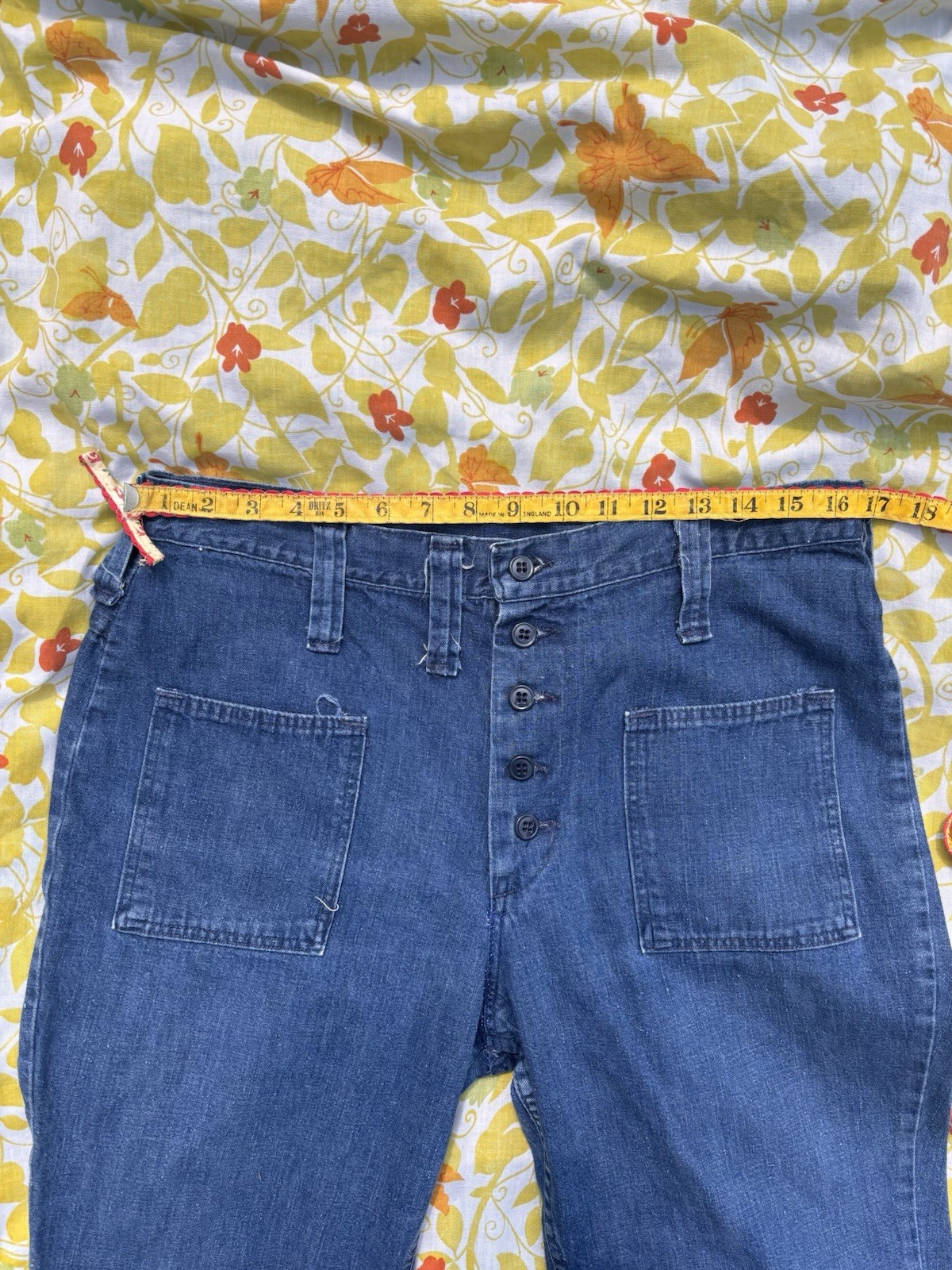 Vintage 70s Maverick Blue Bell Sailor Jeans High Waist Button Fly Flare 33×27.5