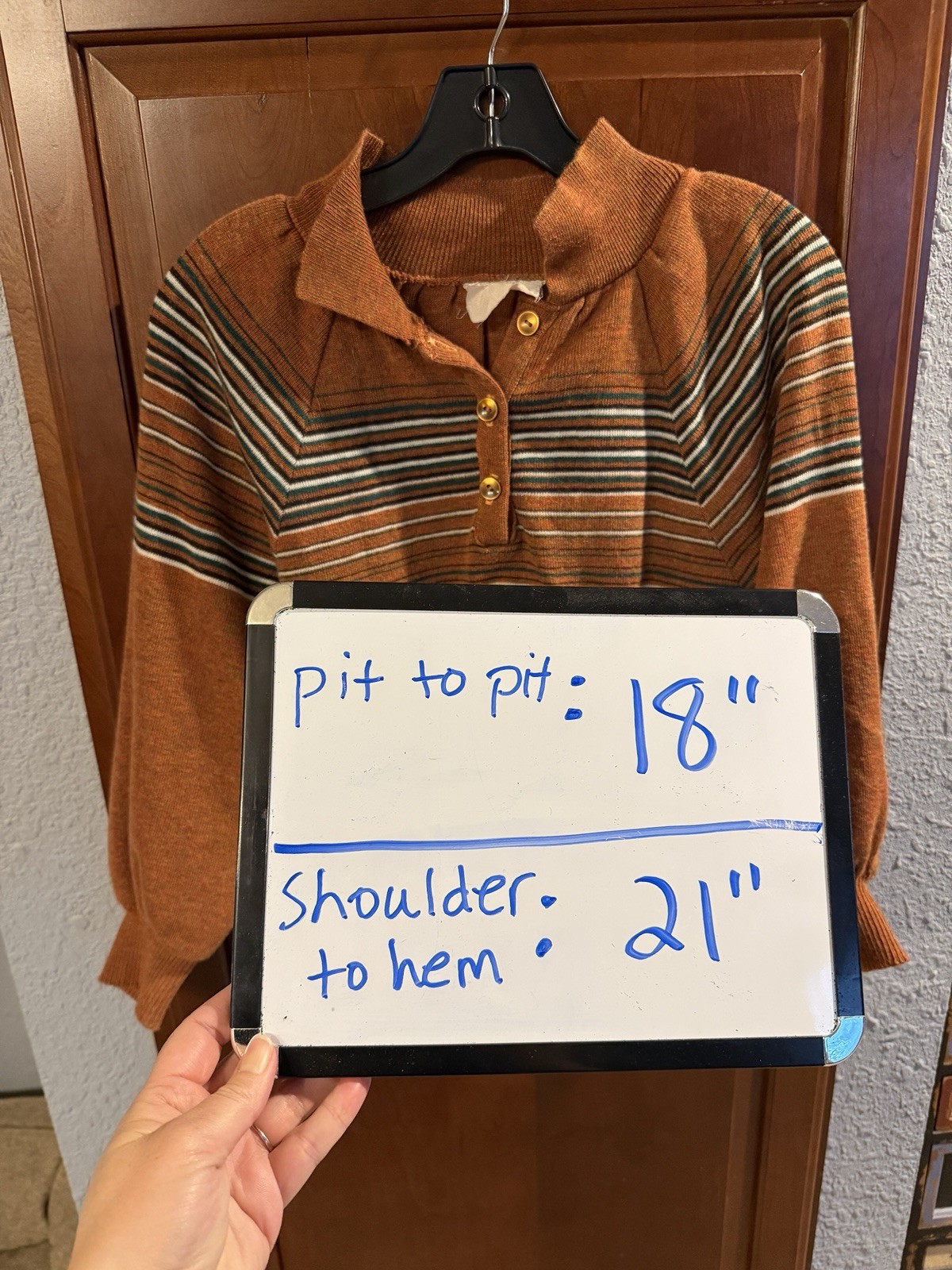 Vintage 70s Mock-neck Collar Button Brown & Stripe Knit Sweater Pullover Top S/M