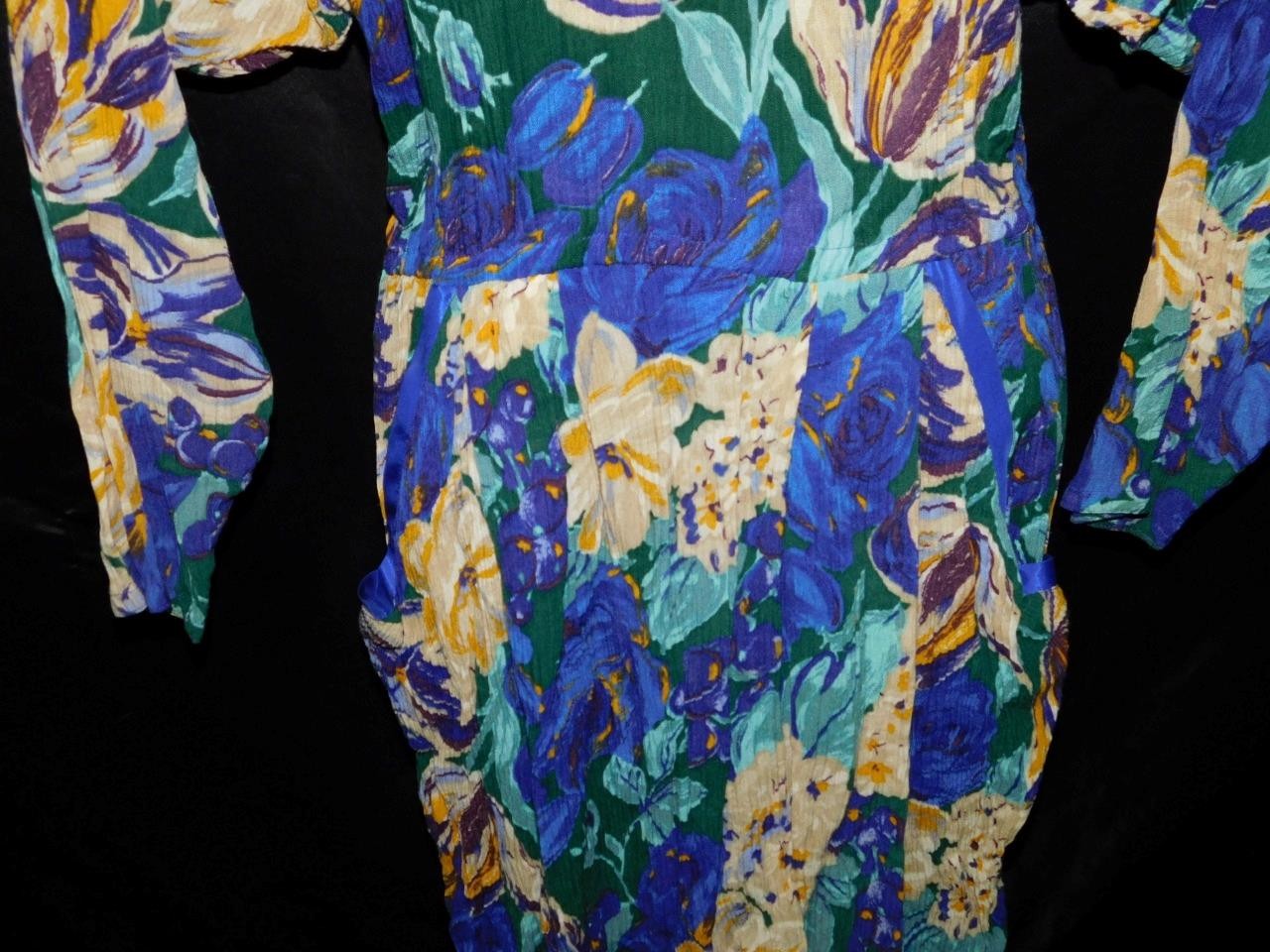 Vtg 80s Choon S Purple Yellow Floral Midi Shift Dress Pockets Blouson Textured