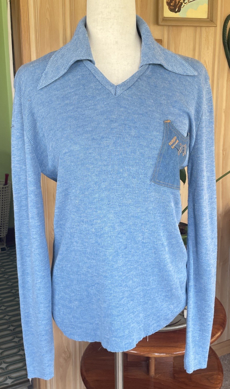 Vintage 1970s Knit Polo Sweater Long Sleeved Shirt Blue Novelty Denim Pocket XL