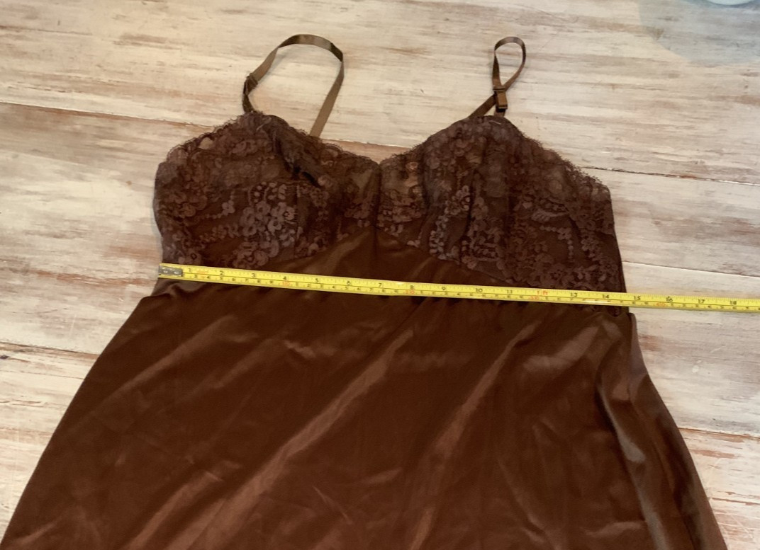 Vtg Van Raalte Chocolate Brown Nylon Full Slip Dress Lace Hem Fairy Grunge Sz 36