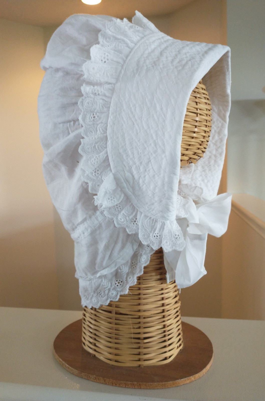 Antique Victorian White Cotton Sleep Bonnet – Nightcap W/ Eyelet