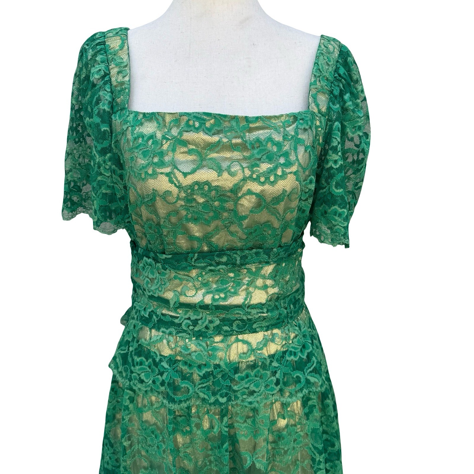 Vintage Green Floral Lace Gold Metallic Tiered Maxi Dress Square Neck Handmade
