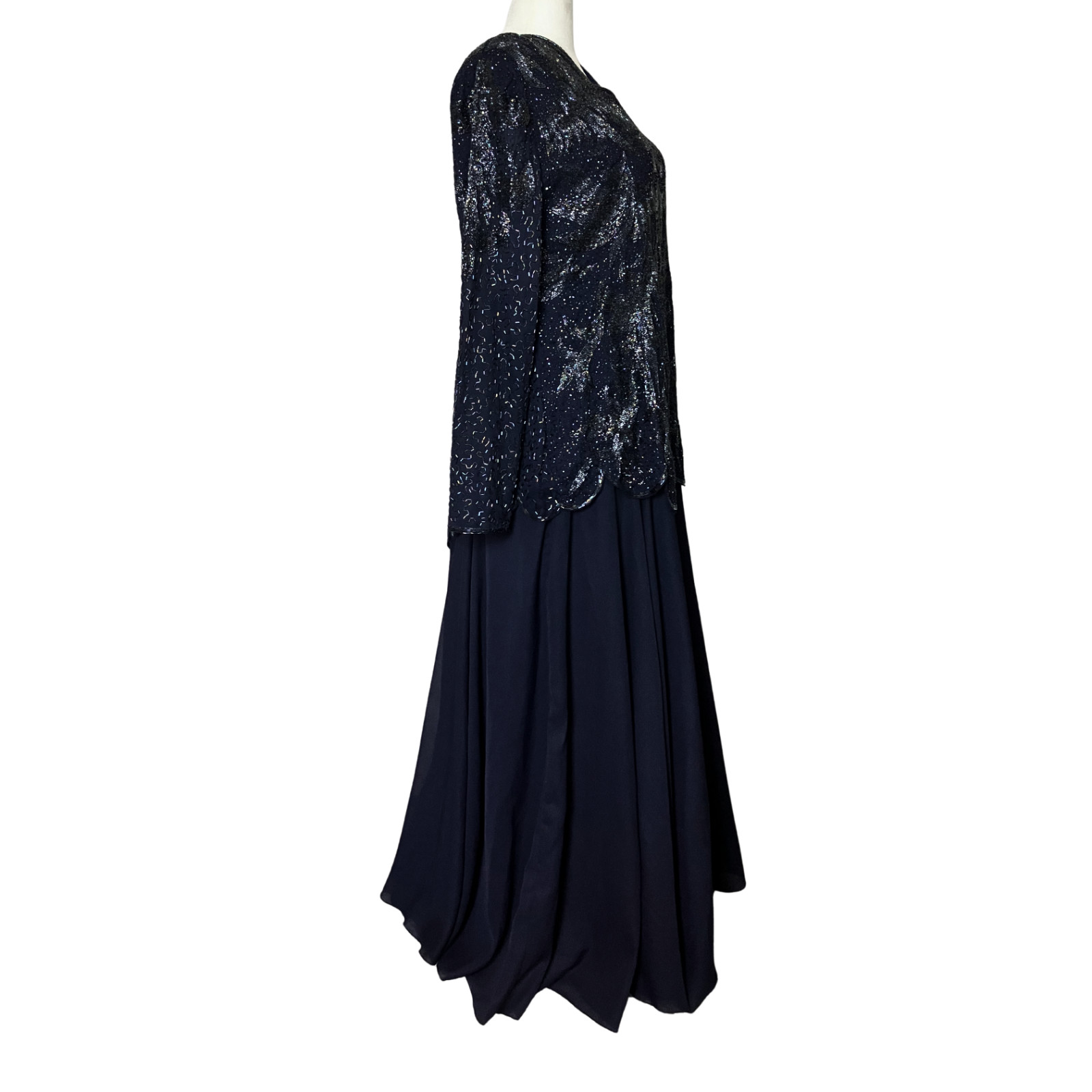 Vintage 80s 90s Navy Blue Beaded Formal Dress Long Sleeves. XL/XXL. Modest