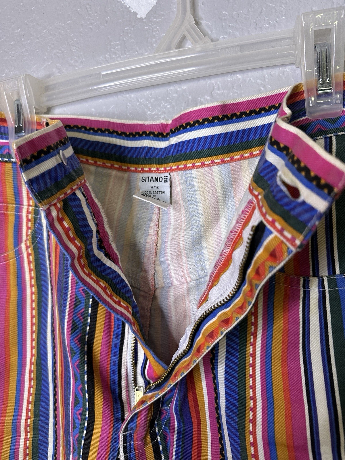 Vintage Skirt Gitano Tribal Stripe 1990s Pink White Blue Zipper Pocket Sz 11/12