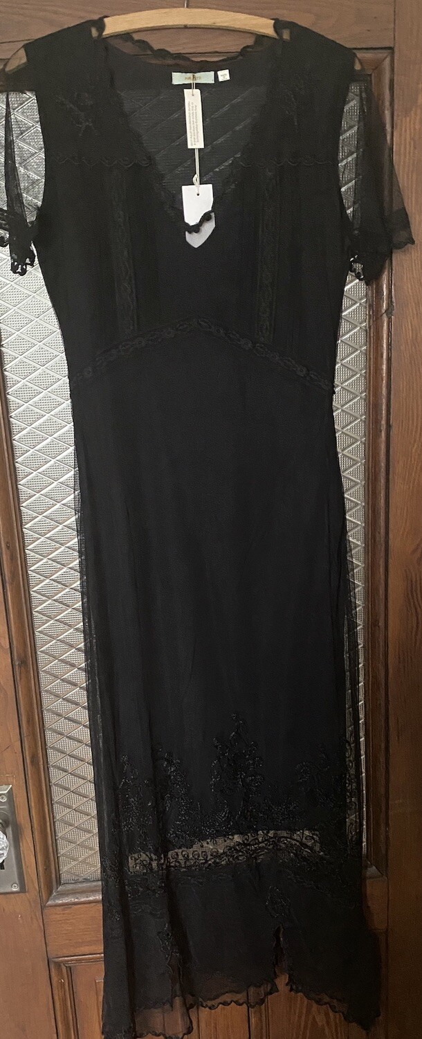 Nataya Dress NWT Small Black Lace Maxi Short Sleeves Embroidery Sheer Lined 54”L