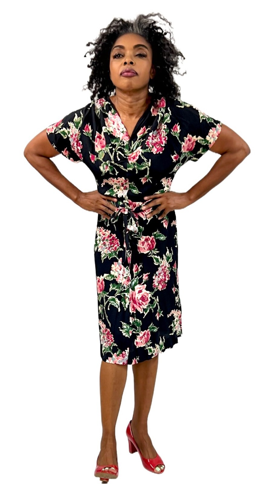 Famous Frocks VTG 1940s WW2 Black Rayon Floral Dress Pink Green Print Swing M