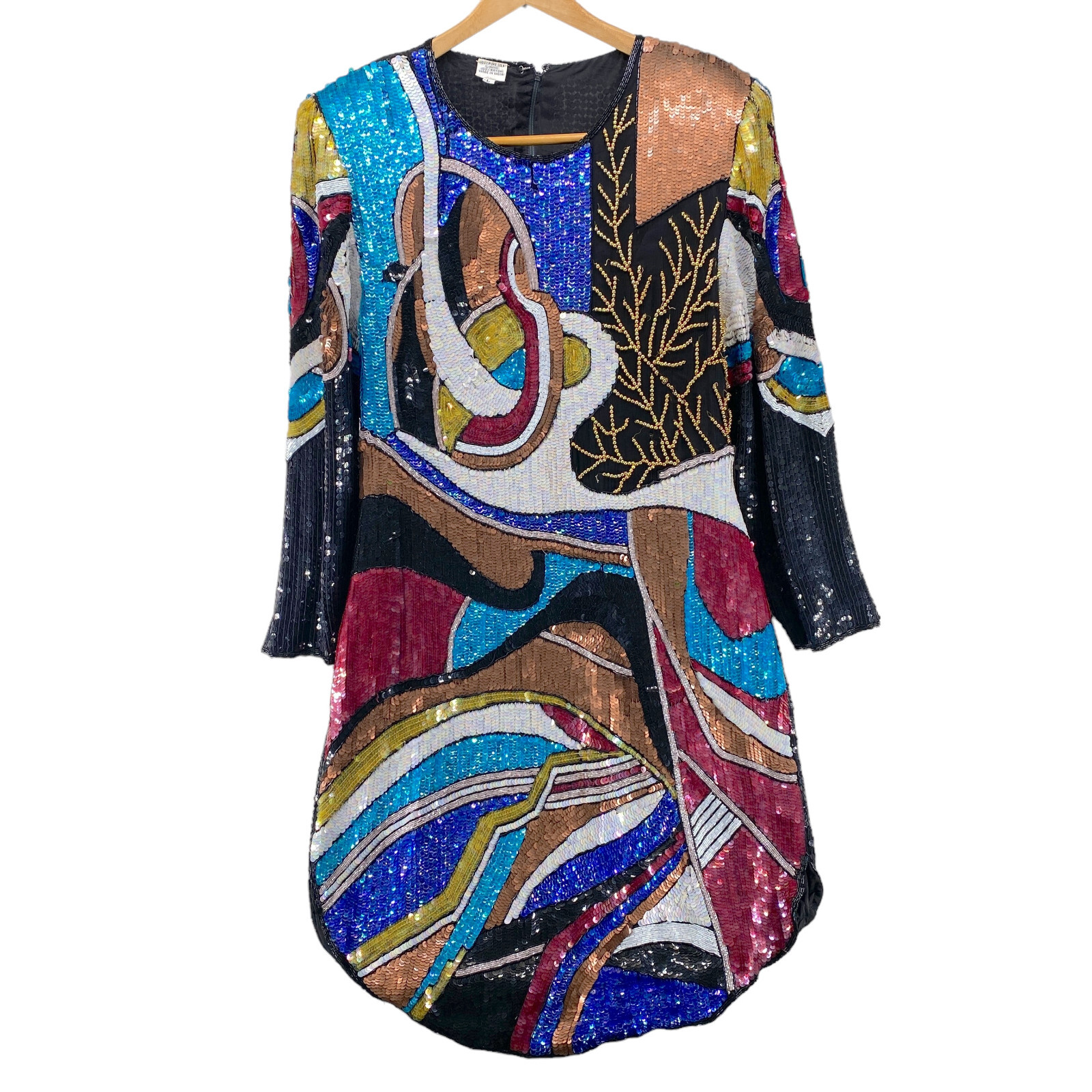 G-Unit Beaded Sequined Graphic Dress Large Black Multi 100% Silk Vintage Shift