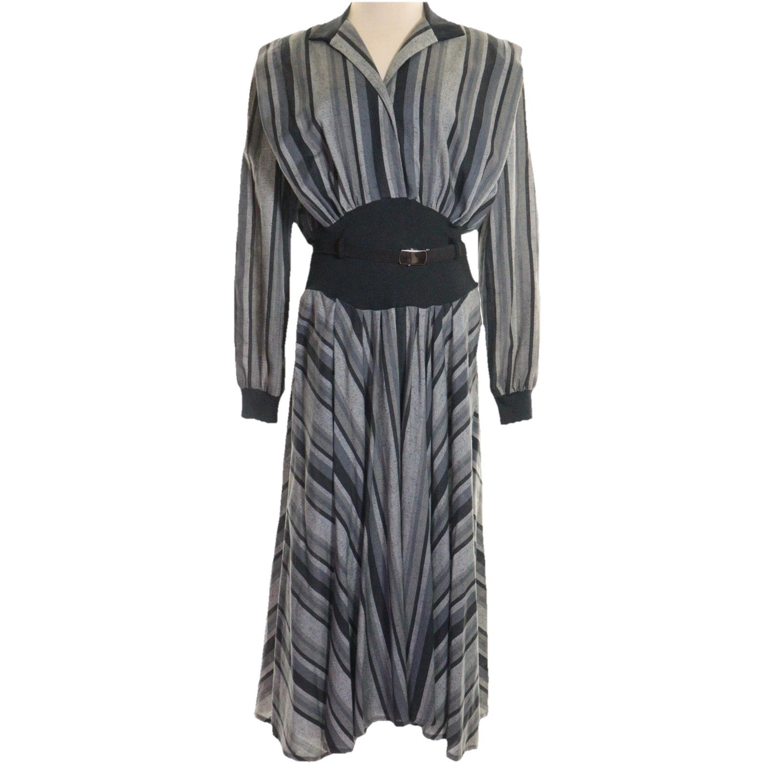 Vintage 70s Striped Dress Retro Office Cotton Casual Chic Women Sz 11/12