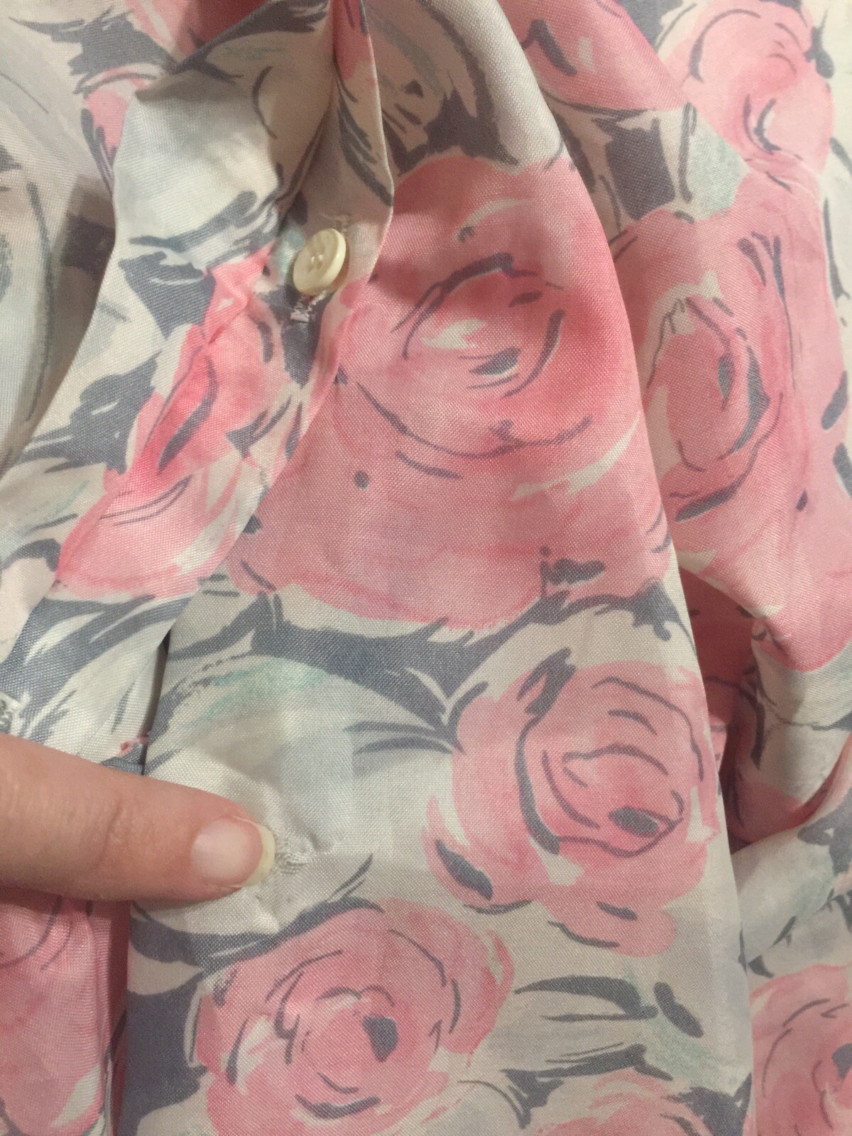 Vintage Alicia Womens Blouse Pink Gray White Floral Attached Neck Scarf Tie