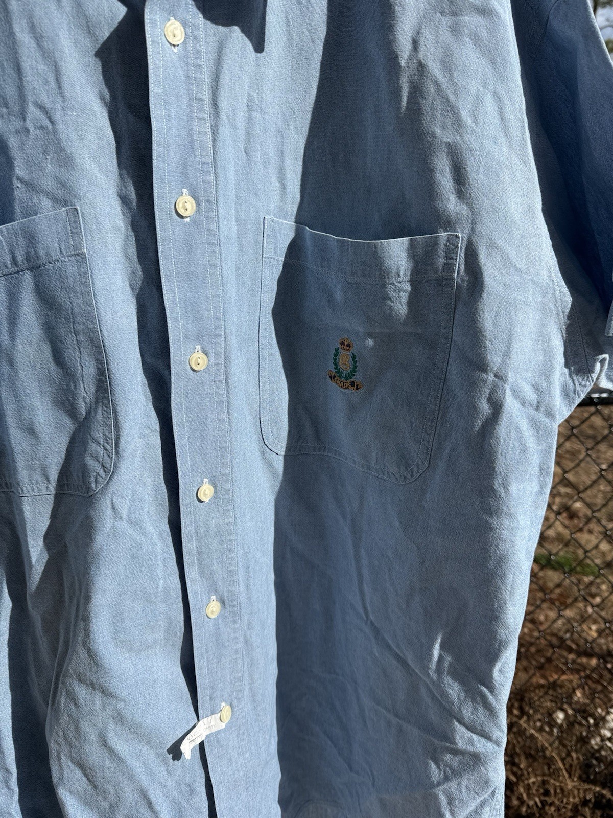 Vintage Ralph Lauren Chaps Blue Chambray POLO Crest Pocket Short Sleeve Shirt L