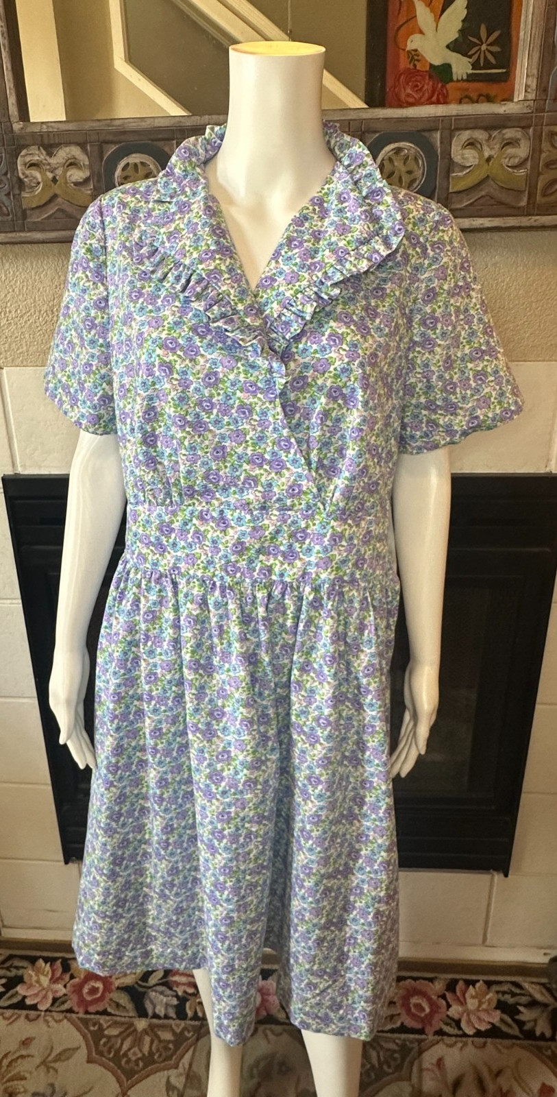 Vtg Lg 1950s Full Skirt Day Dress tea collared Handmade Floral a-line MCM Party
