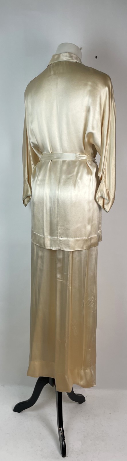 Vintage 40s 50s Satin Silk Two PC Loungewear Belted Blouse Pant Set Monogram S/M