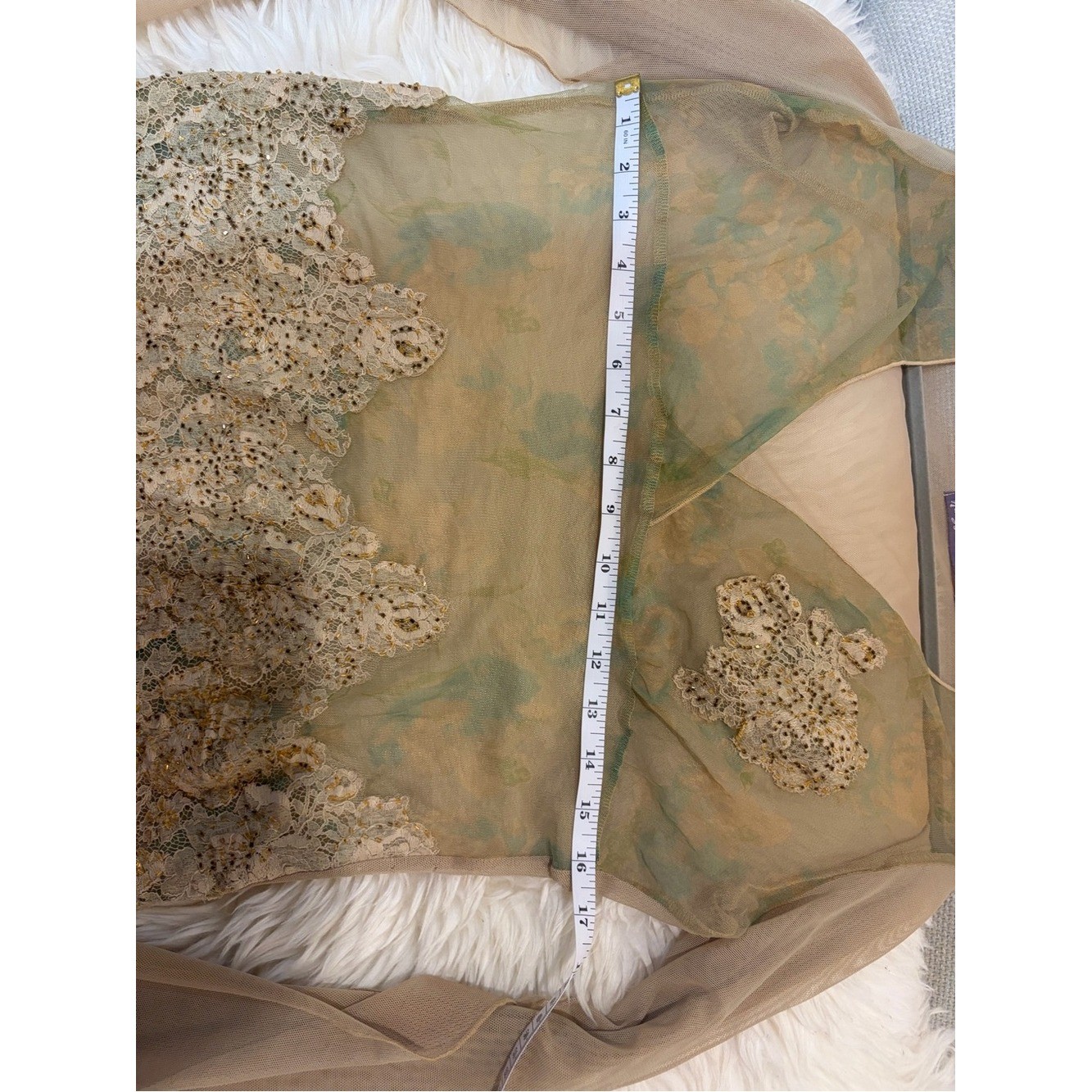 Vintage Y2K Hale Bob Beaded Lace Blouse Sheer Mesh Sage Green Gold Sequin Top L
