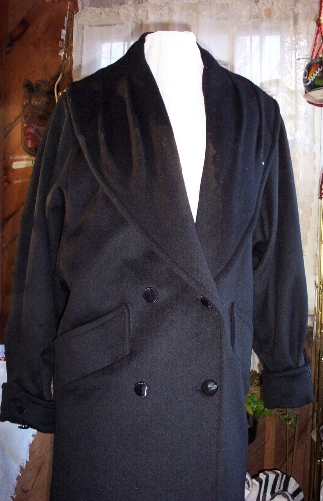 Vintage Womens Herman Kay Winter 3/4 Length Coat Wool Shawl Collar Double-Breast
