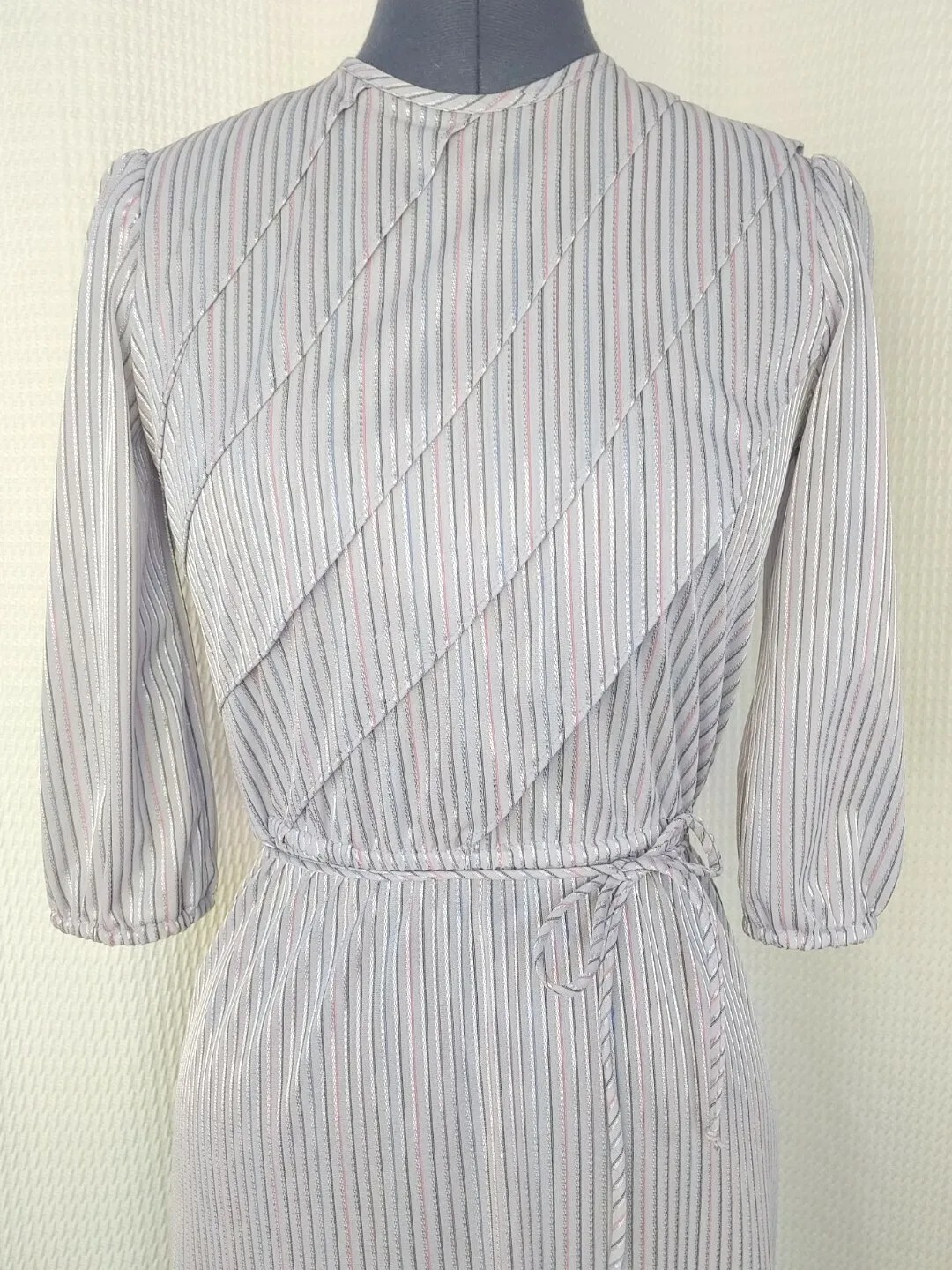 Vintage Grey Dress with Diagonal Layers and Pink/Black/Purple/Blue Stripes Sz 5