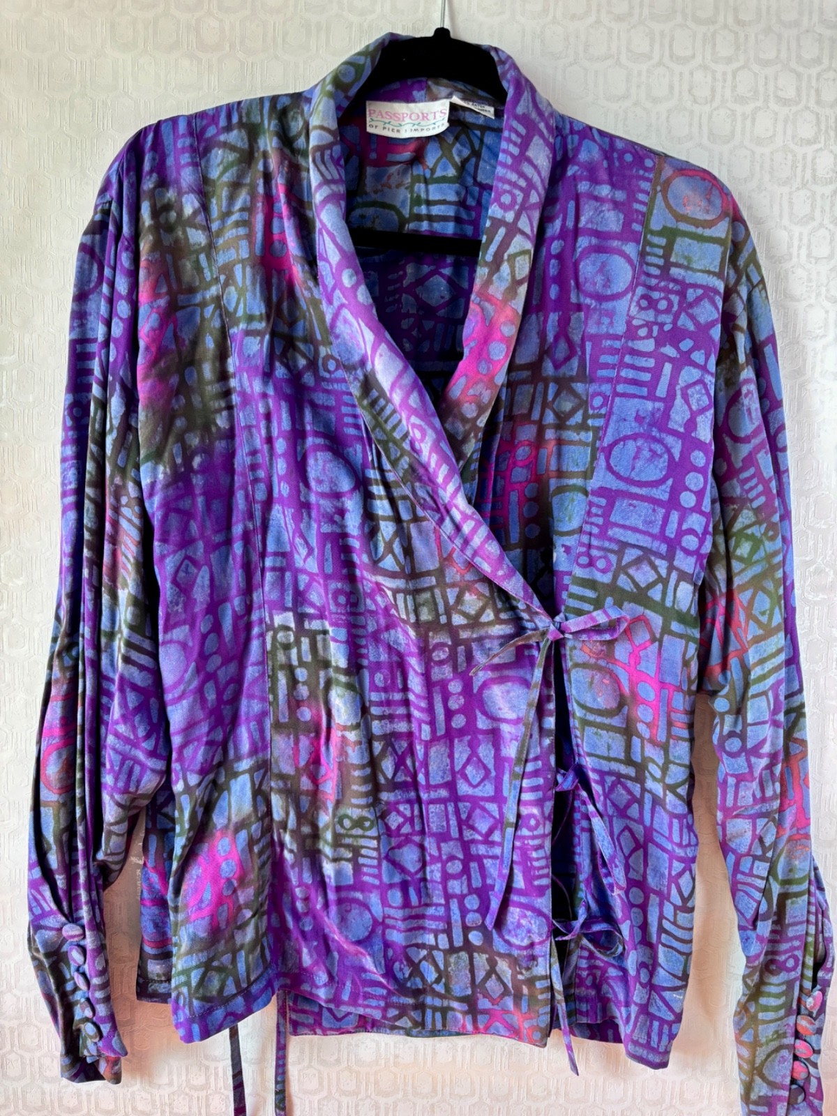 VTG 80’S BOHO PASSPORTS PIER ONE PURPLE BLUE BATIK PRINT WRAP TOP JACKET*S/M