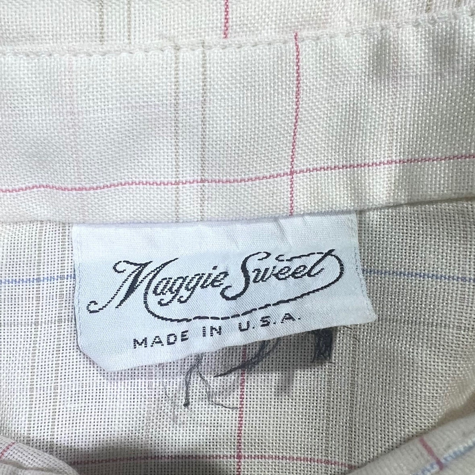Maggie Sweet Vintage Plaid Button Down Shirt Banded Hem Cream Made in USA