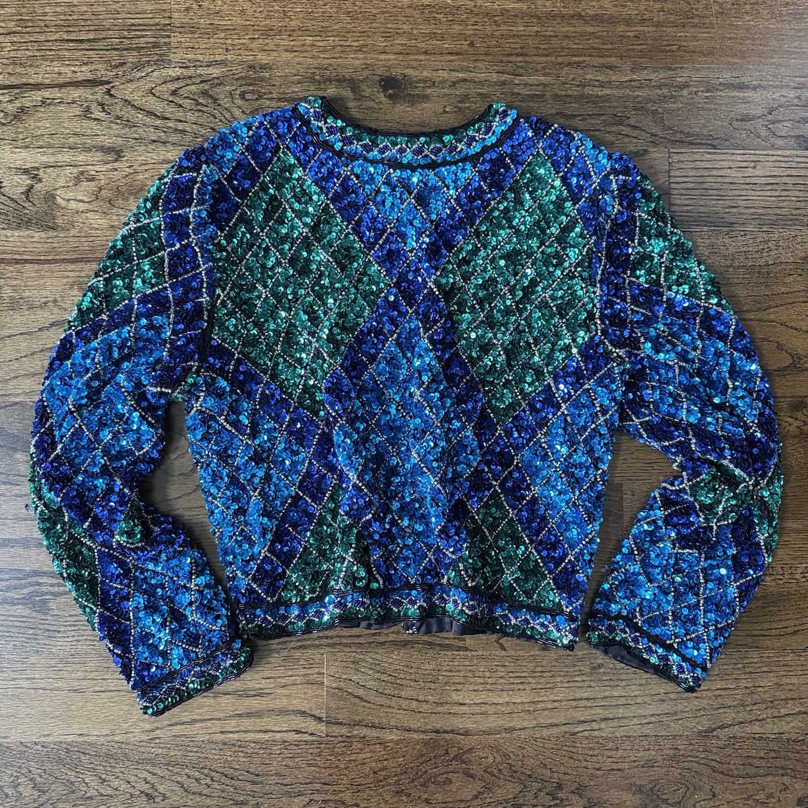 Vintage Lawrence Kazar Sequin Beaded Silk Jacket Blue Green Argyle Cropped L