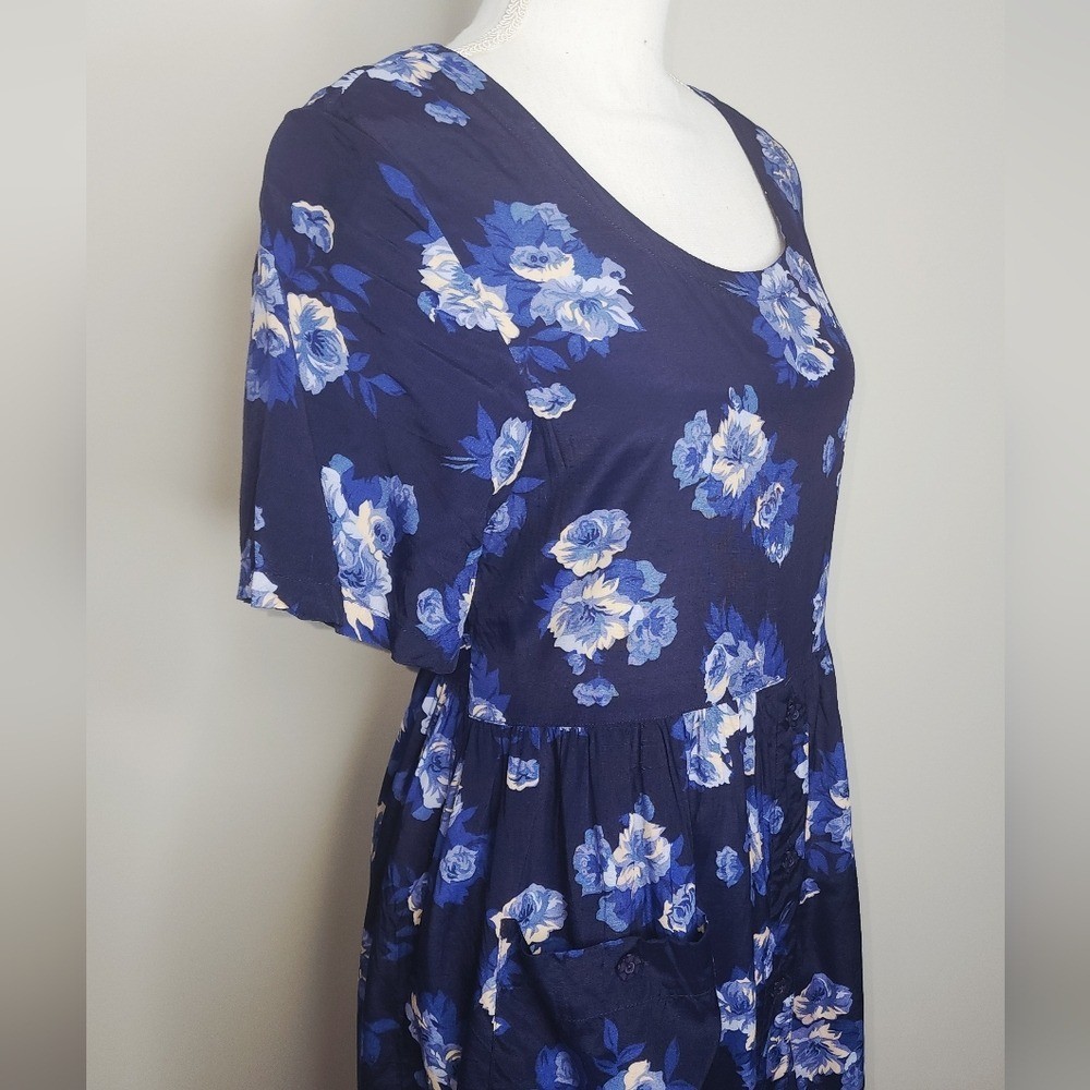 Vintage Erika 90s Blue Floral Midi Dress Tieback Cottagecore Rayon M