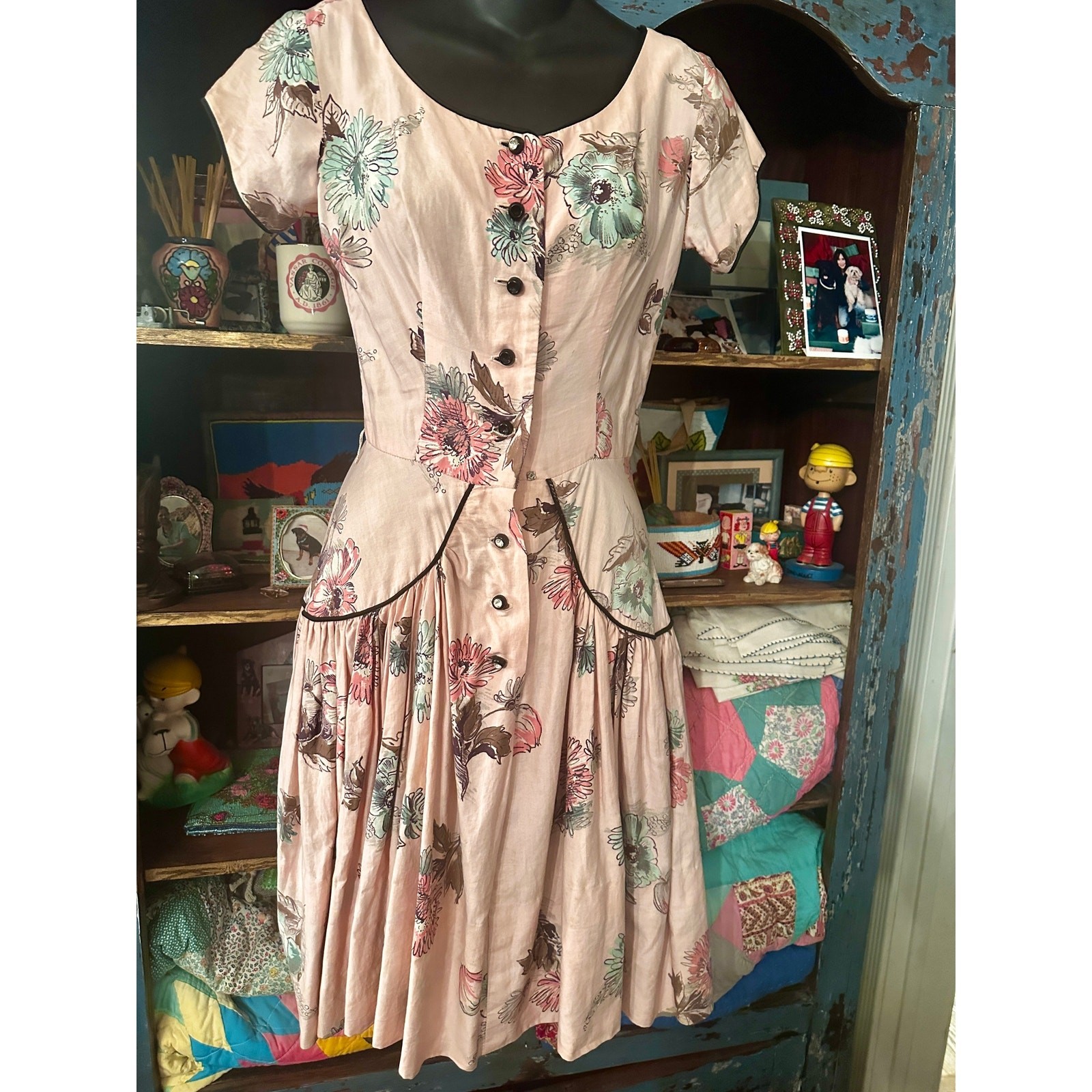 VINTAGE 40’s 50’s CUSTOM NEW LOOK SHIRTWAIST COTTON FLORAL DRESS
