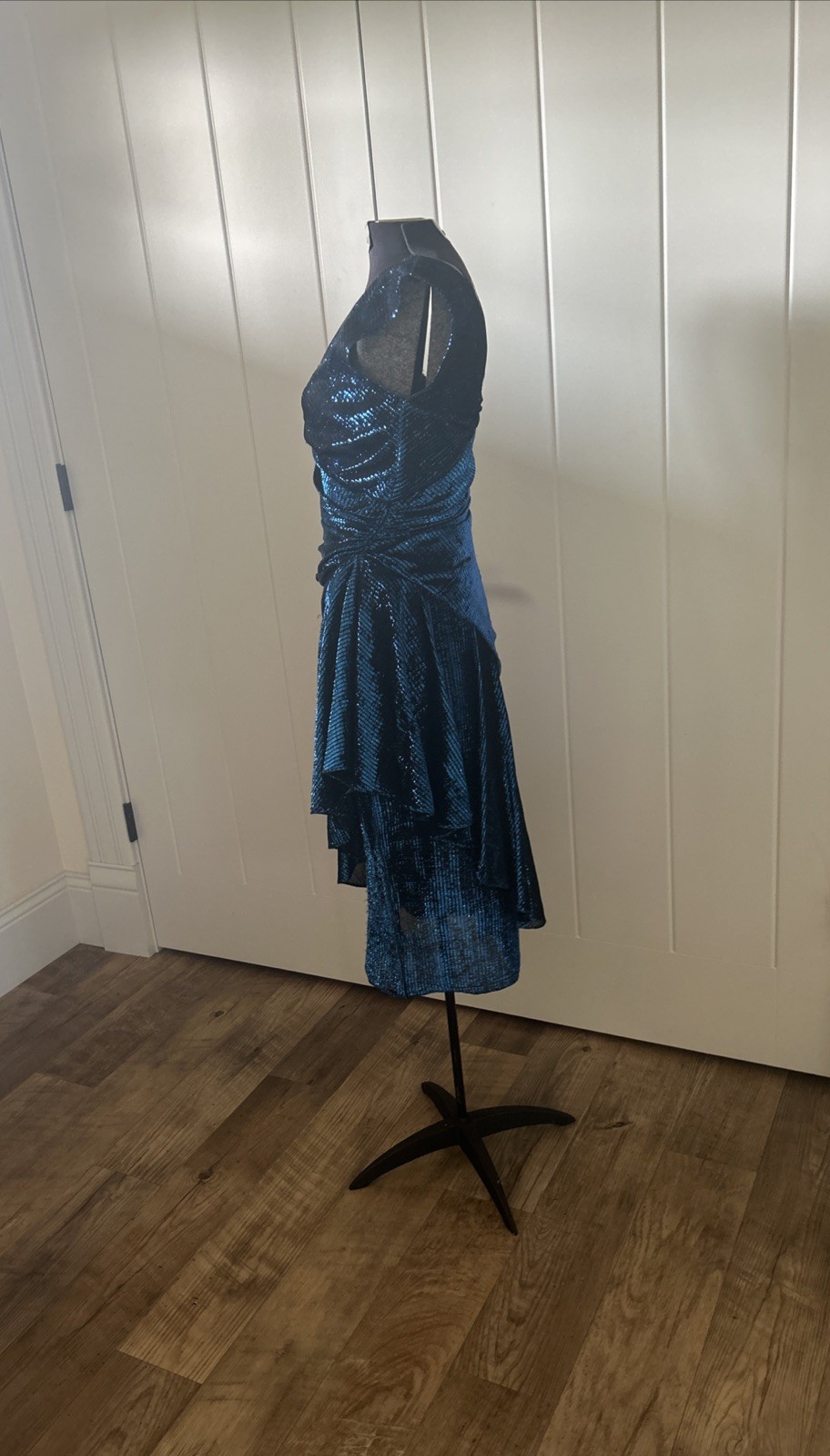 Vintage 1980’s New Leaf Blue Metallic Lame Fabric Asymmetrical Dress Size 5/6