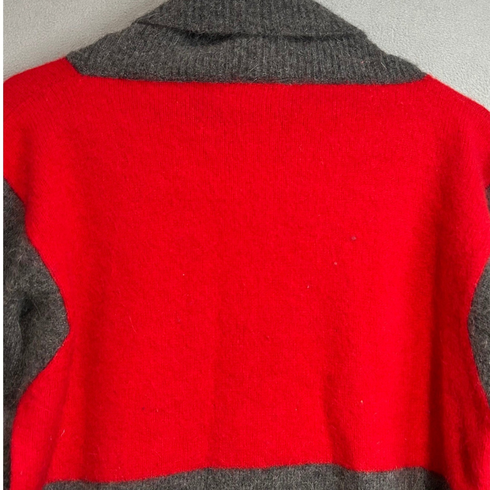 Vtg Lambswool Angora Tunic Sweater Women L Gray Red Colorblock Cowl Neck Fuzzy