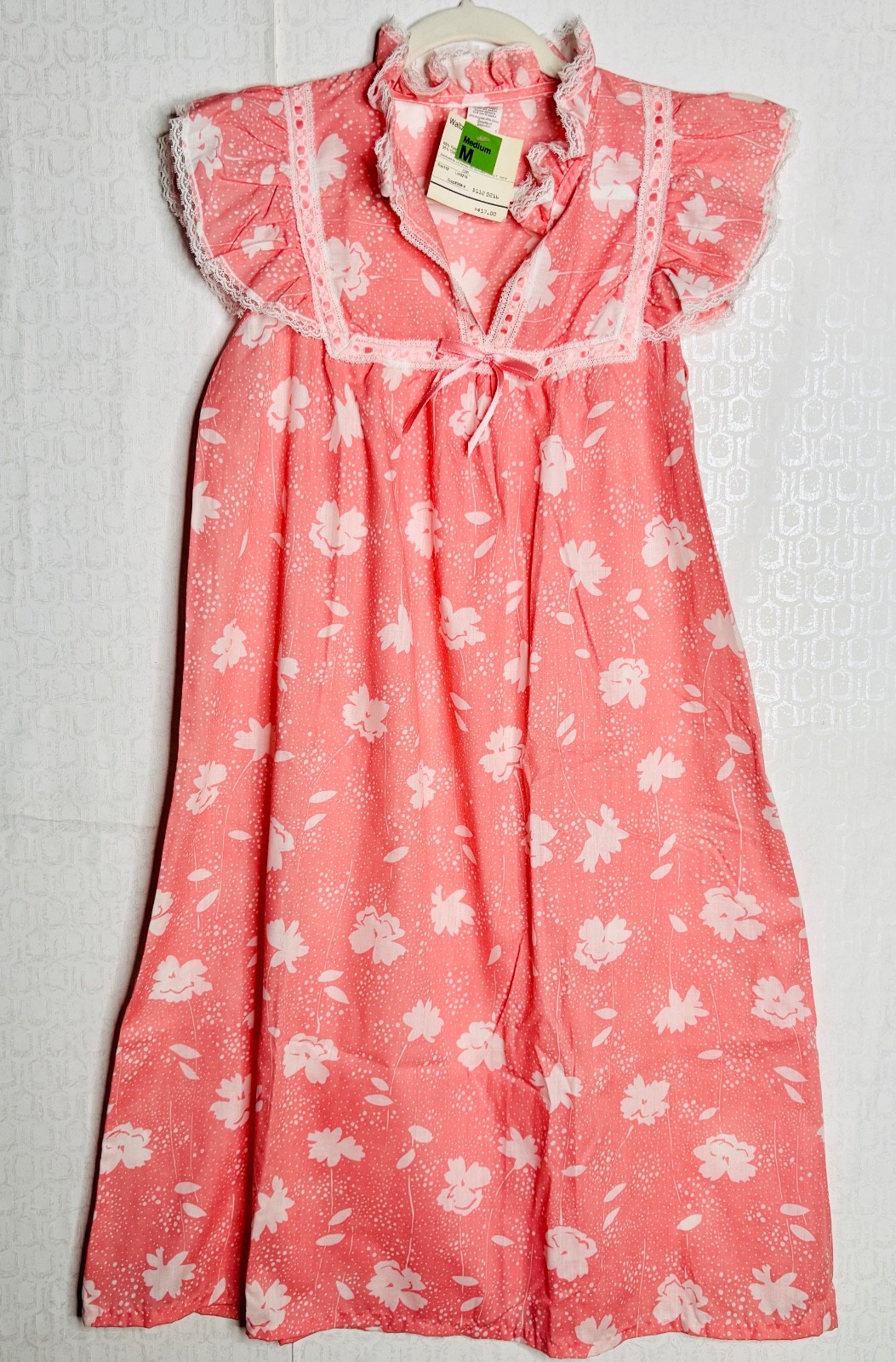NOS VTG 80’S PEACHY-PINK WHITE FLORAL PRINT LACE TRIM COTTON A-LINE NIGHTGOWN*M