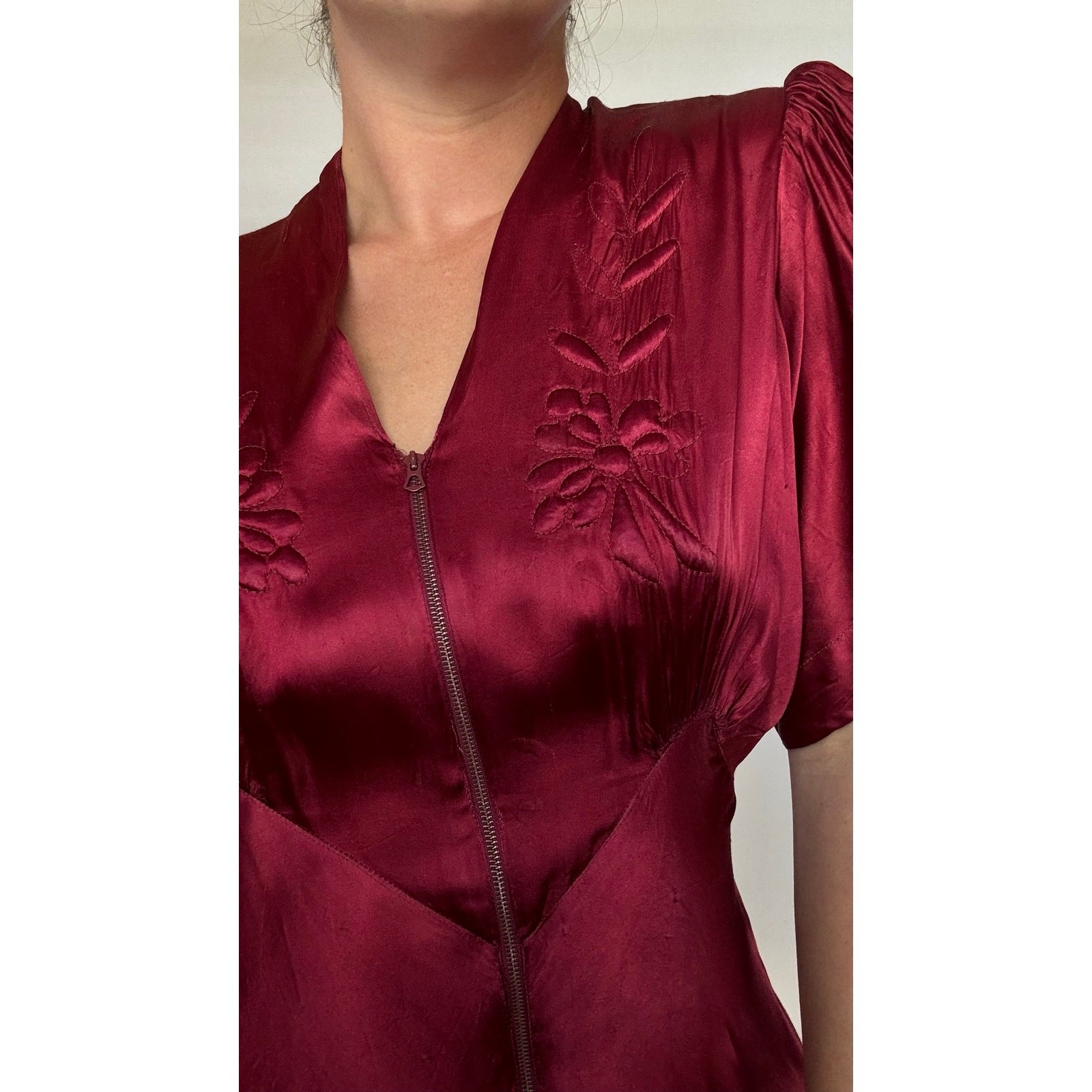 Vintage 1930s Liquid Satin Gown Quilted Floral Bias Cut Maroon Lounge Dress Gown