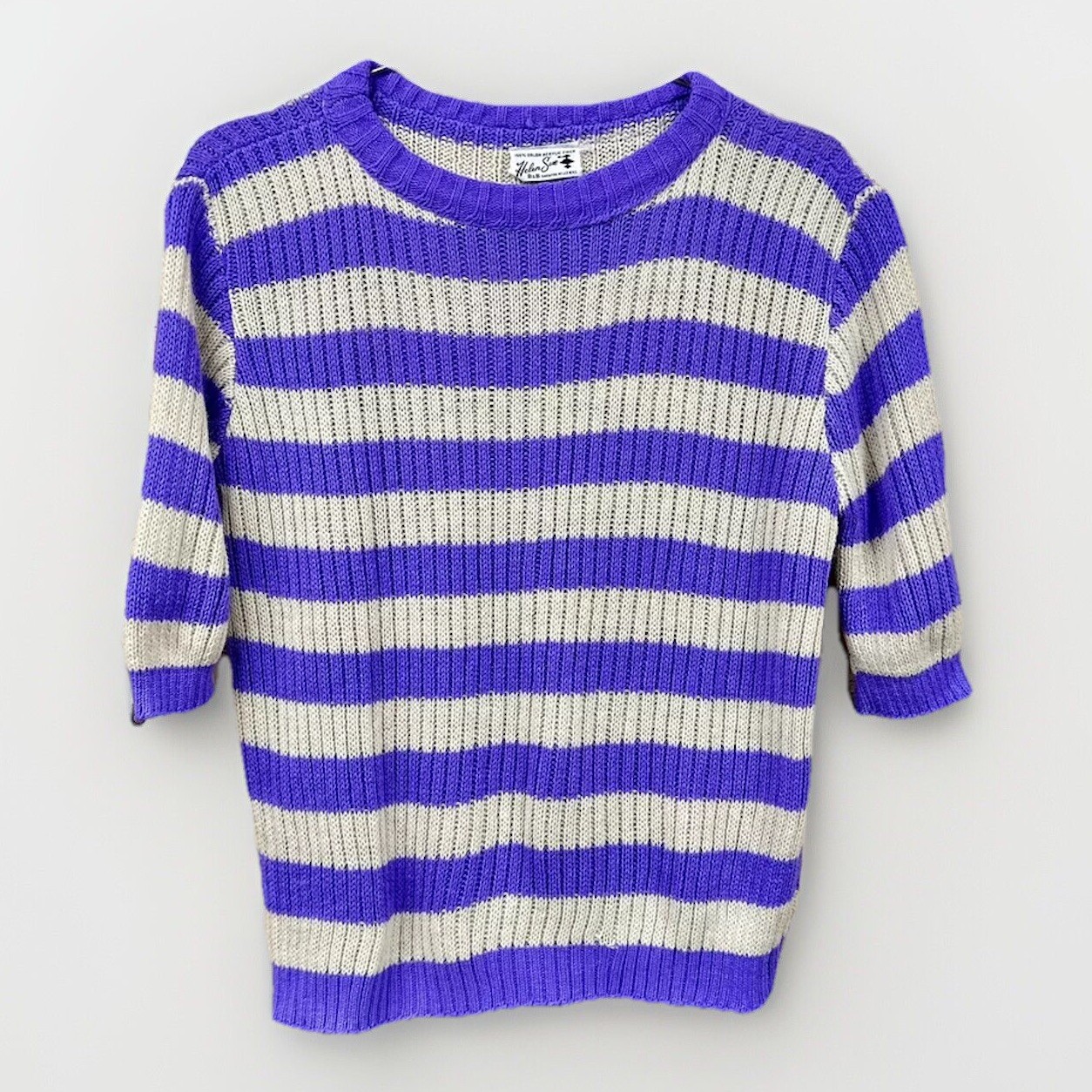 Vintage Short Sleeve Knit Sweater Purple Stripe Helen Sue Acrylic