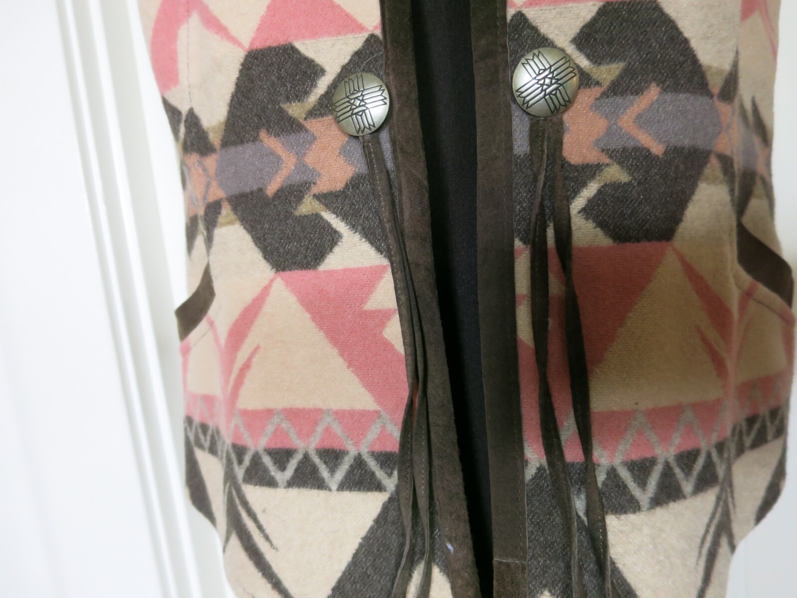 Vtg Pendleton Vest Wool Suede Trim Brown Beige Salmon Tassels Southwest Medium