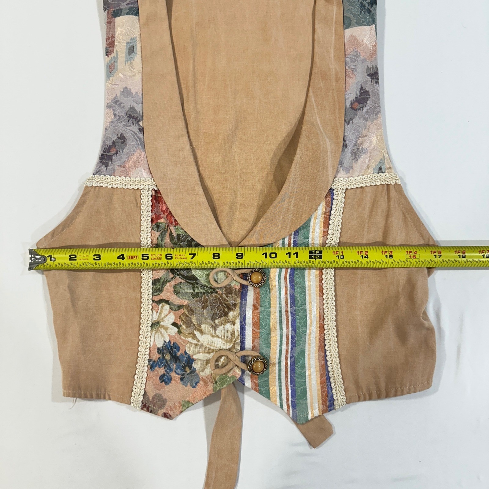 Dawn Joy Fashions Vest Vintage 9-10 Tan Patchwork Floral Tapestry Boho Cropped
