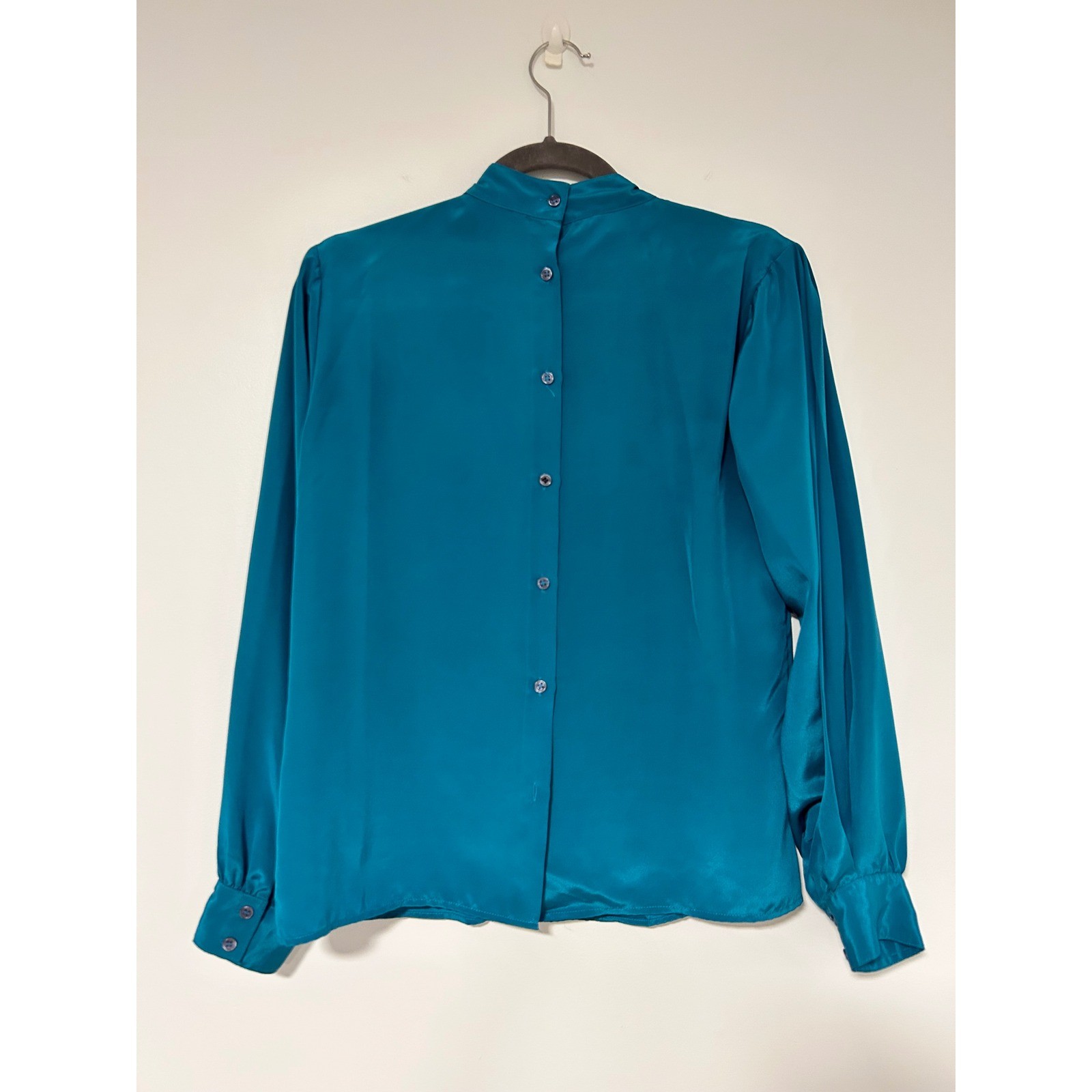 Melody Brooke Vintage 70S Teal Satin Mock Neck Pleated Button Back Blouse Size 9