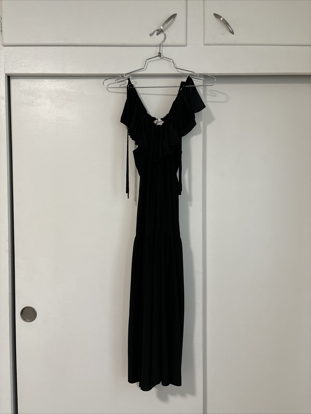 VINTAGE MAGGIE LONDON BLACK SILK DRAPED DRESS WITH SLITS
