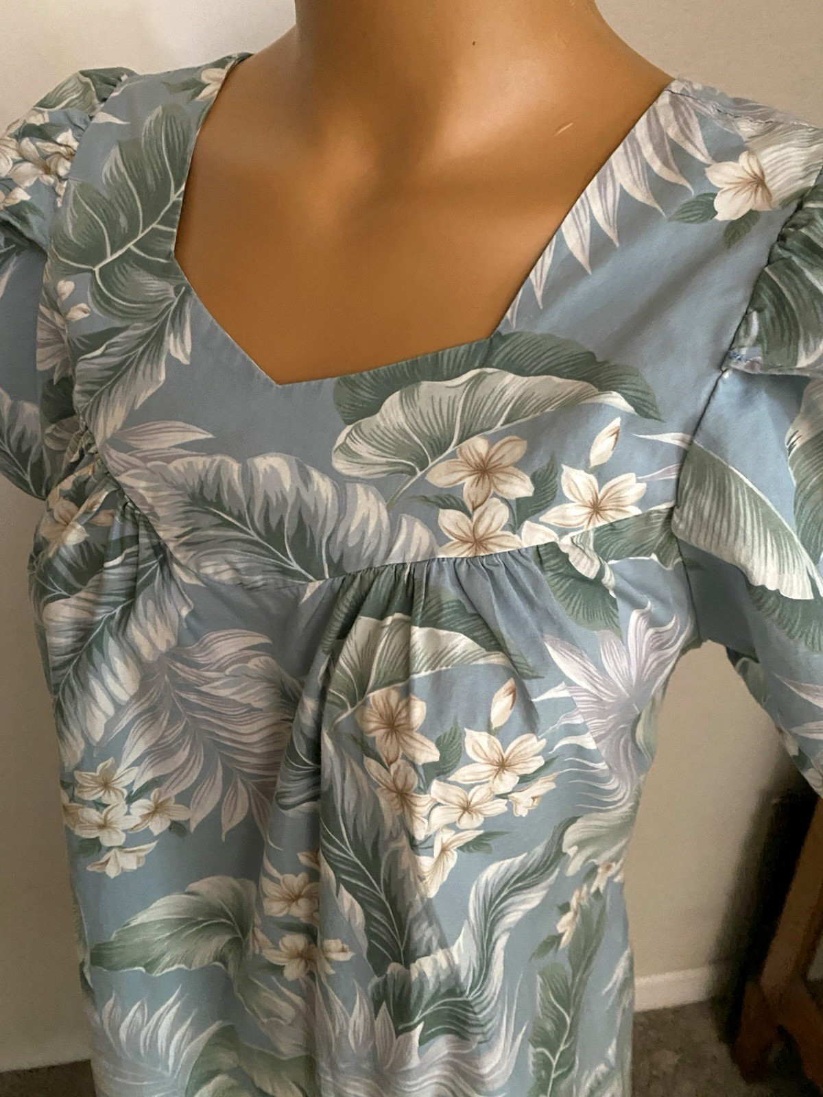 VTG ALOHA REPUBLIC BLUE EXOTIC FLORAL COTTON BLEND HAWAIIAN DRESS SZ S-M