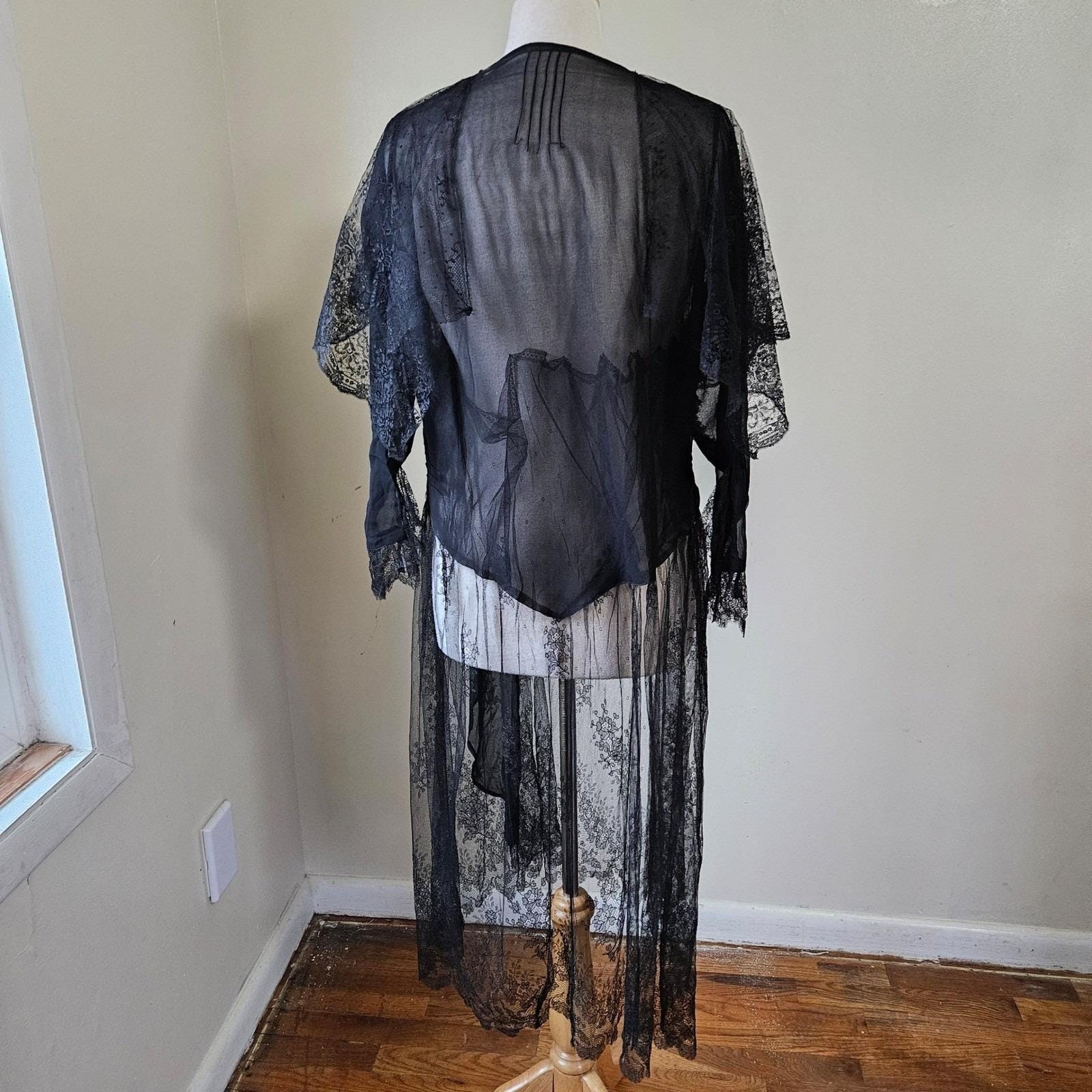 Vtg/Antique 1920s Black Mourning Silk Chiffon Lace Sheer Dress Capelet Medium