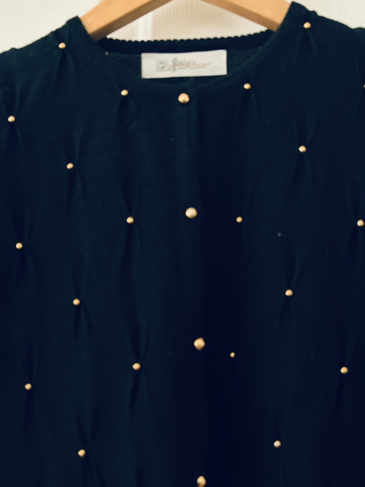 Vintage 1980’s Black Gold Button & Beads Cardigan Padded Shoulders Size Sm EUC